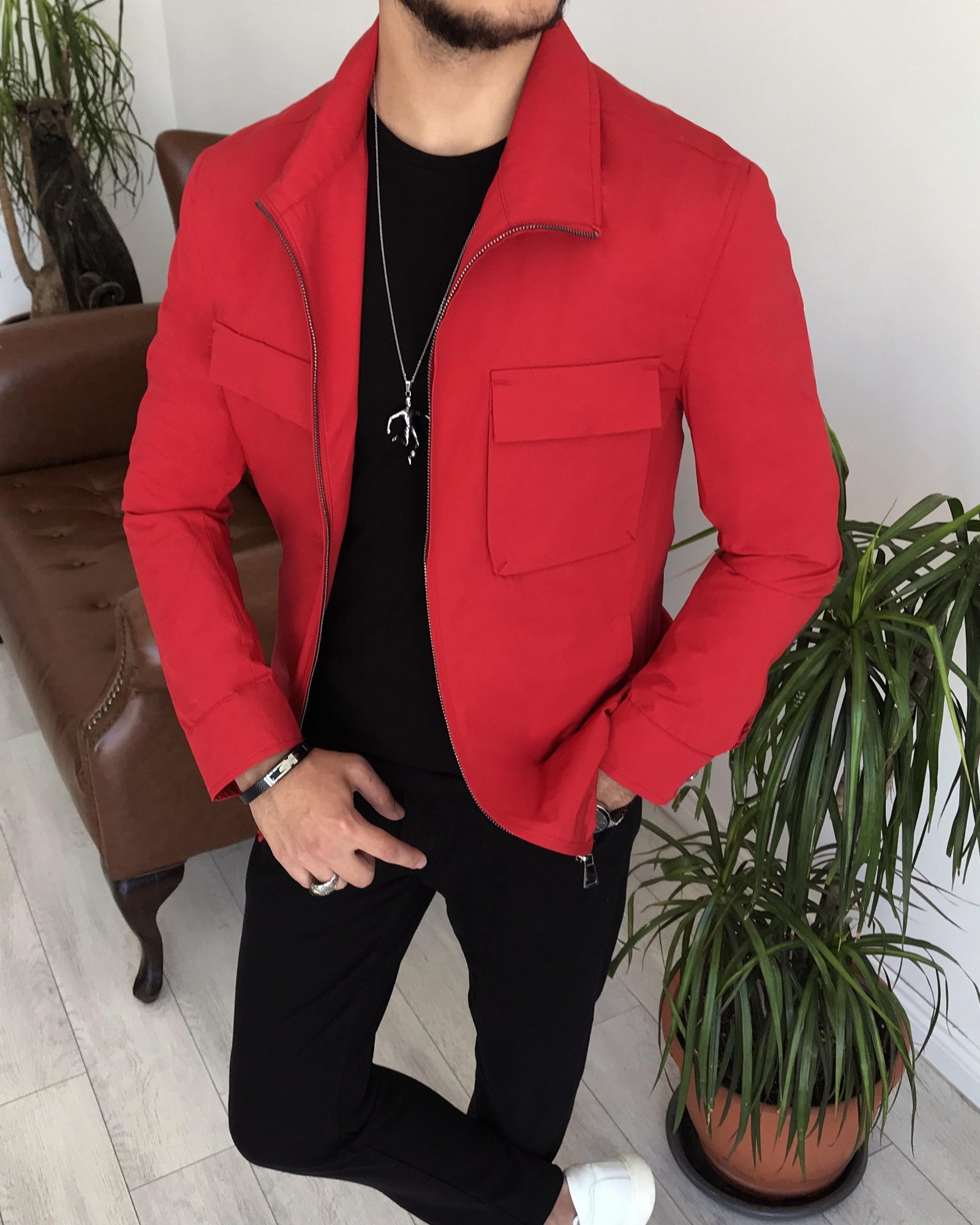 İtalyan stil slim fit erkek mevsimlik bomber ceket Kırmızı T7867