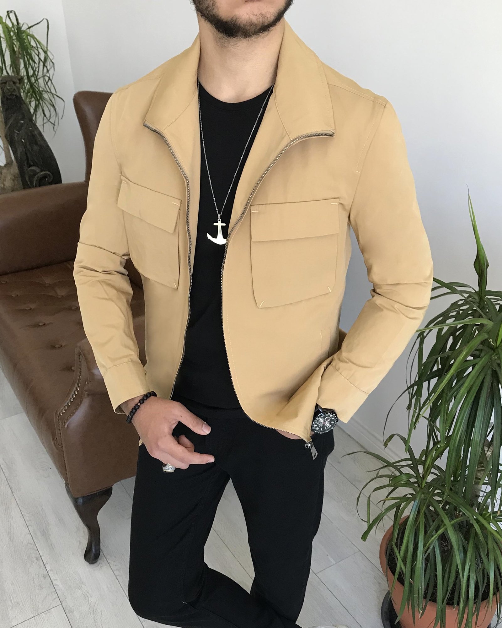 İtalyan stil slim fit erkek mevsimlik bomber ceket Camel T7870