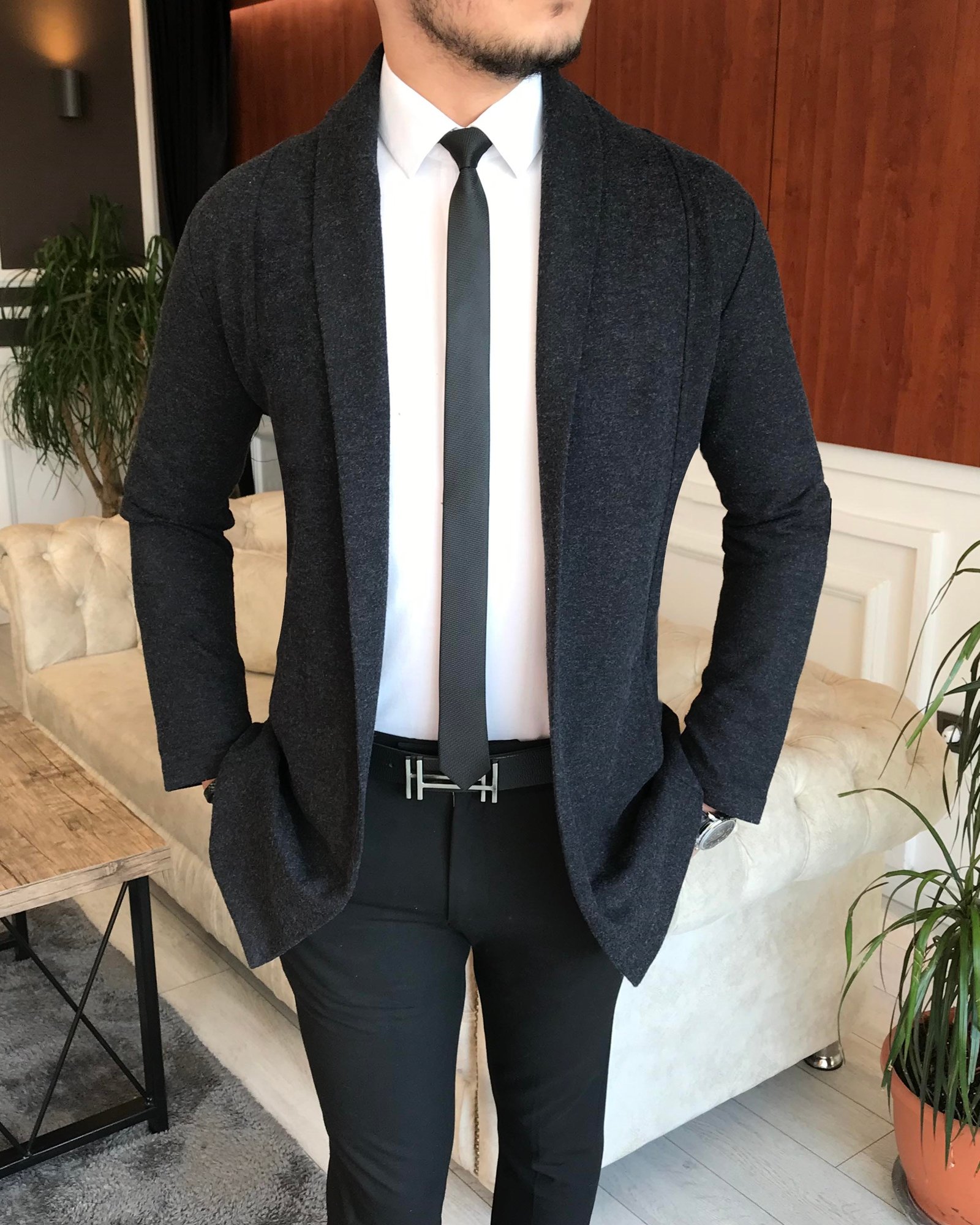 İtalyan stil slim fit erkek mevsimlik pamuklu şal yaka hırka Antrasit T6791