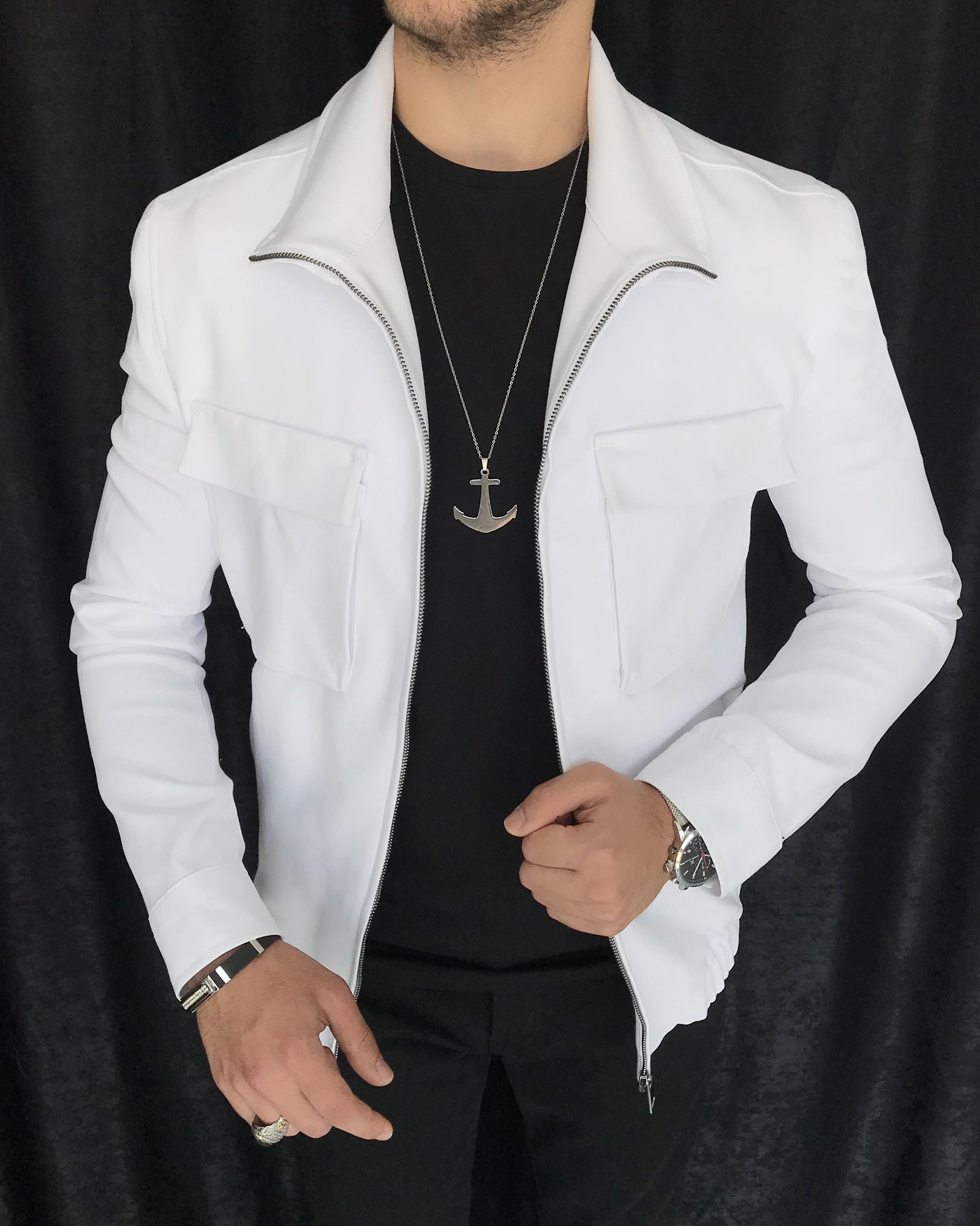 İtalyan stil slim fit erkek mevsimlik bomber ceket Beyaz T7891