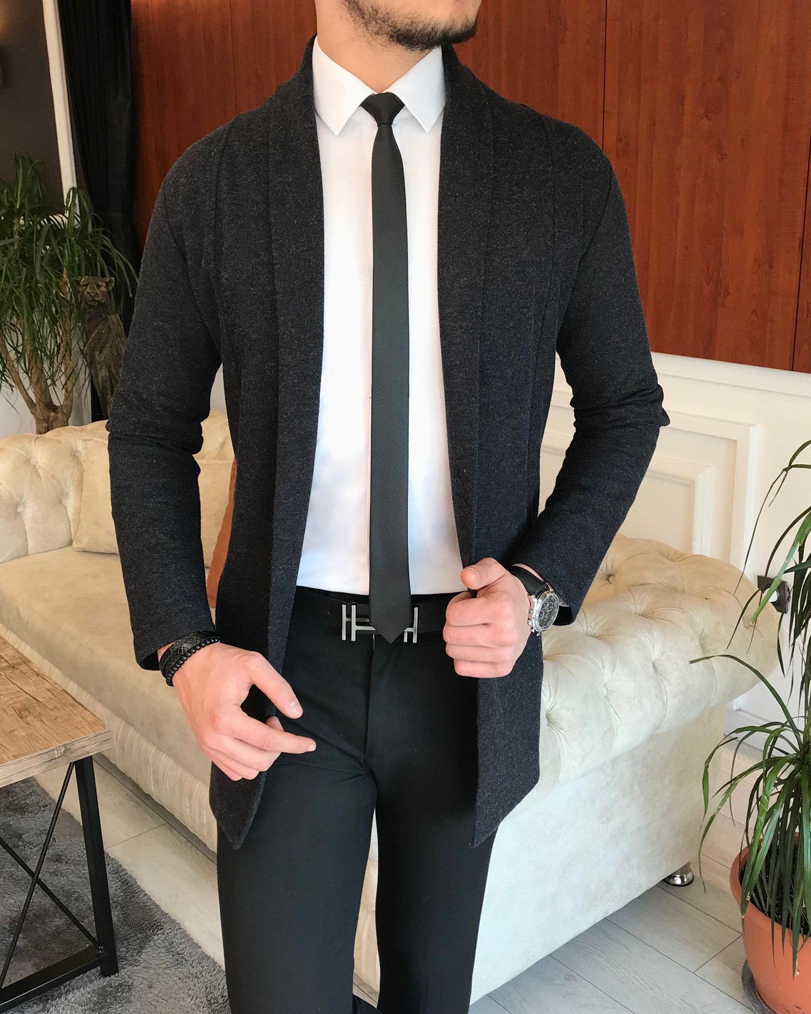 İtalyan stil slim fit erkek mevsimlik pamuklu şal yaka hırka Antrasit T6791