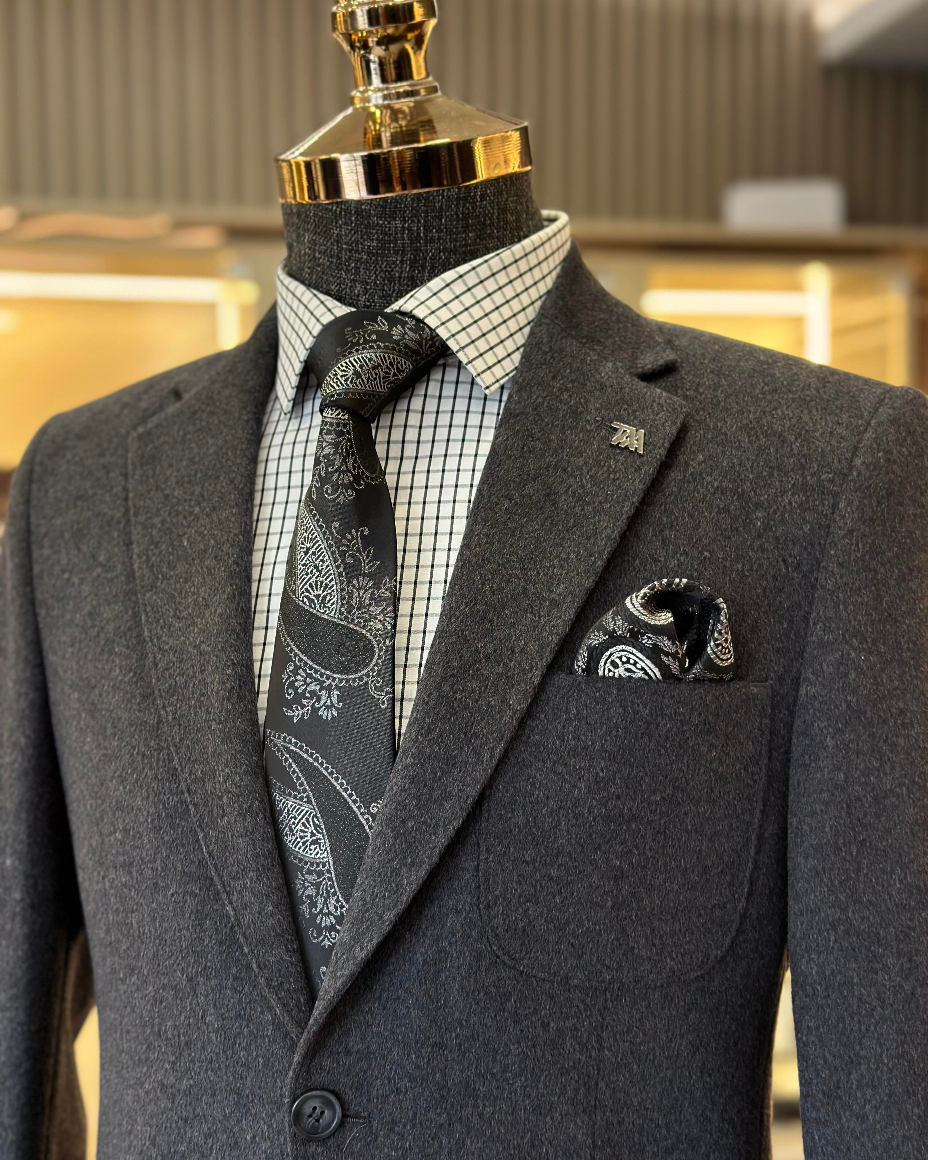 İtalyan stil slim fit erkek mono yaka yün ceket antrasit T10153