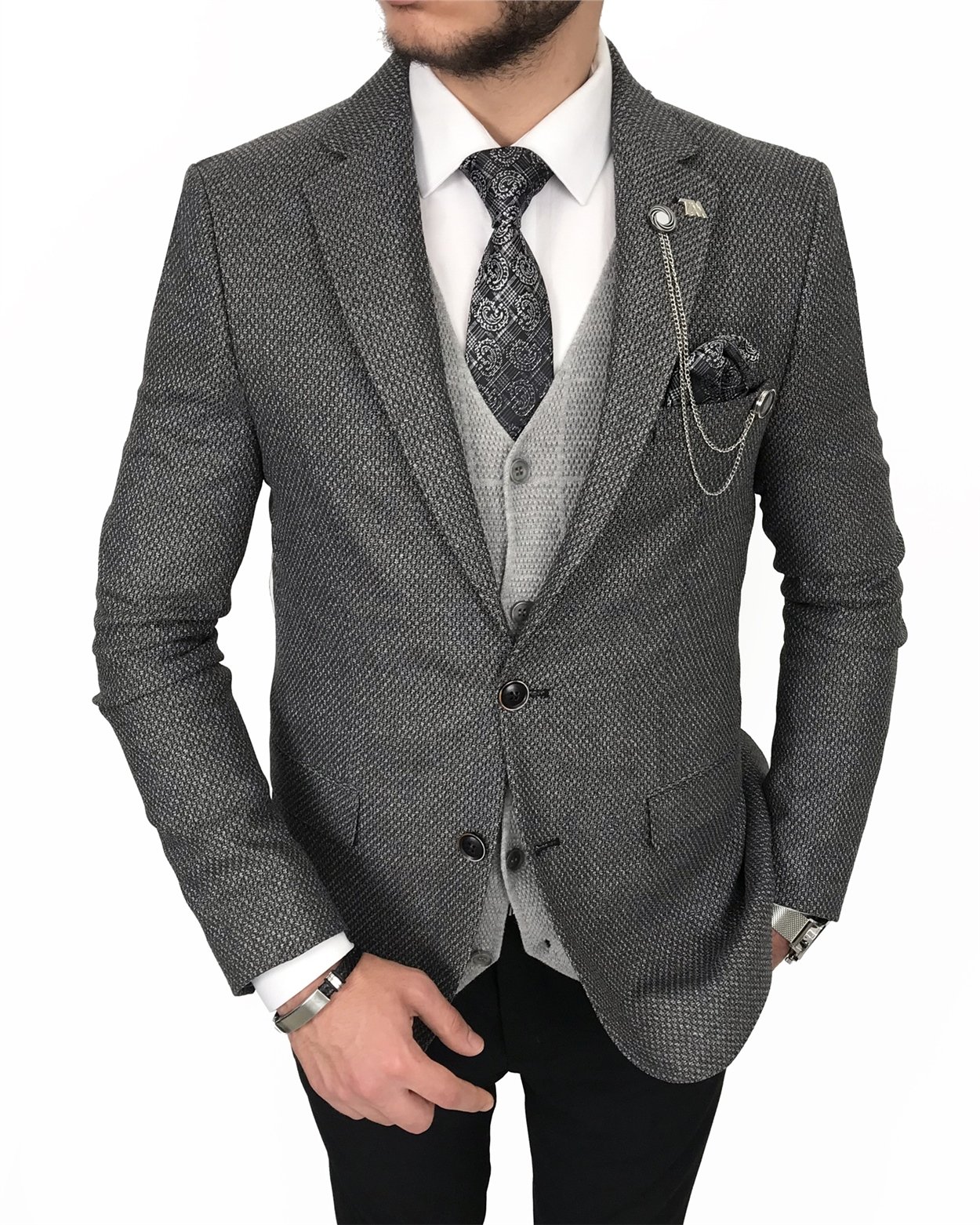 İtalyan stil slim fit erkek mono yaka ceket Gri T8126