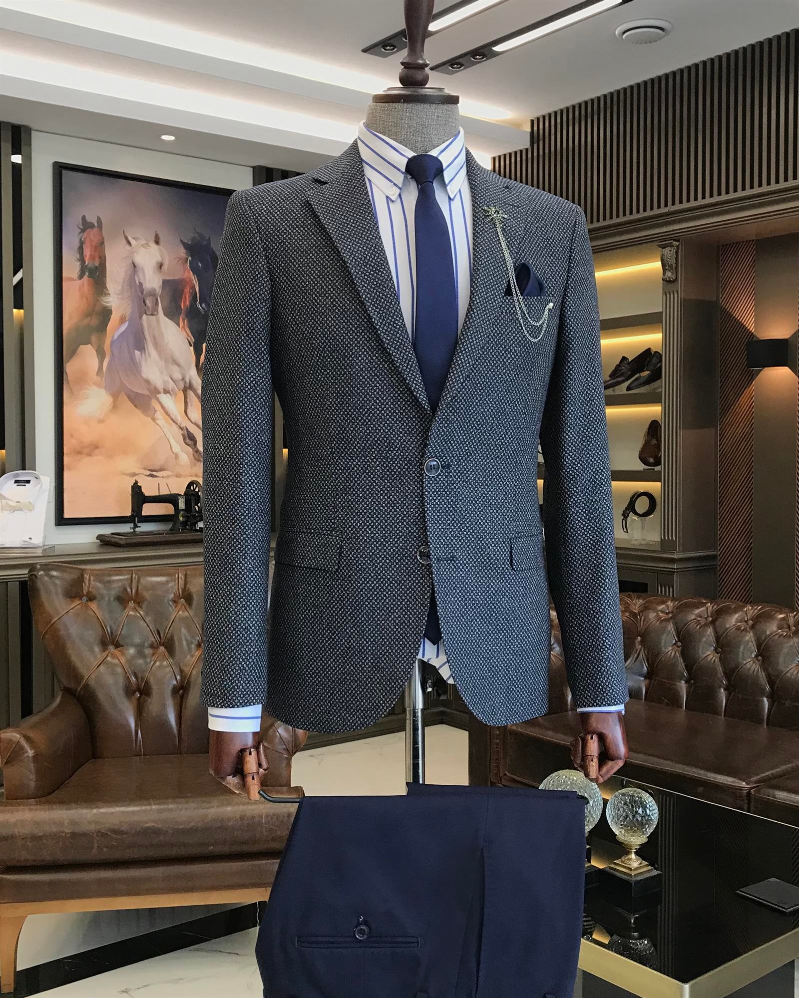 Italian Style Slim Fit Men's Mono Collar Jacket Navy Blue T8127