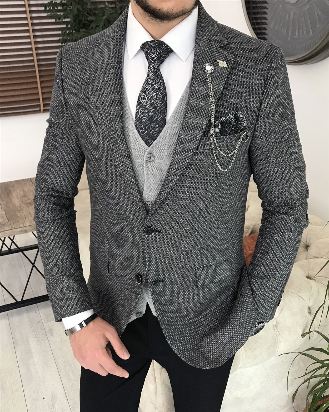İtalyan stil slim fit erkek mono yaka ceket Gri T8126