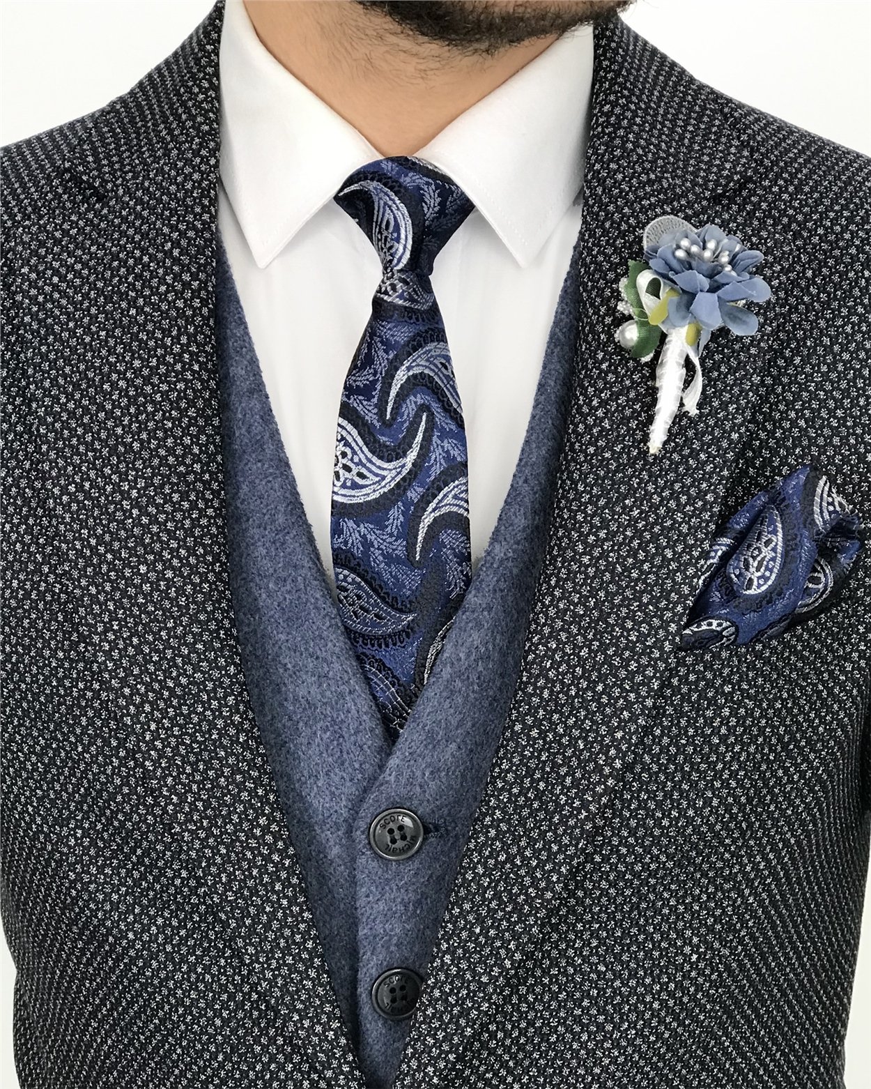 İtalyan stil slim fit erkek mono yaka ceket Lacivert T8127