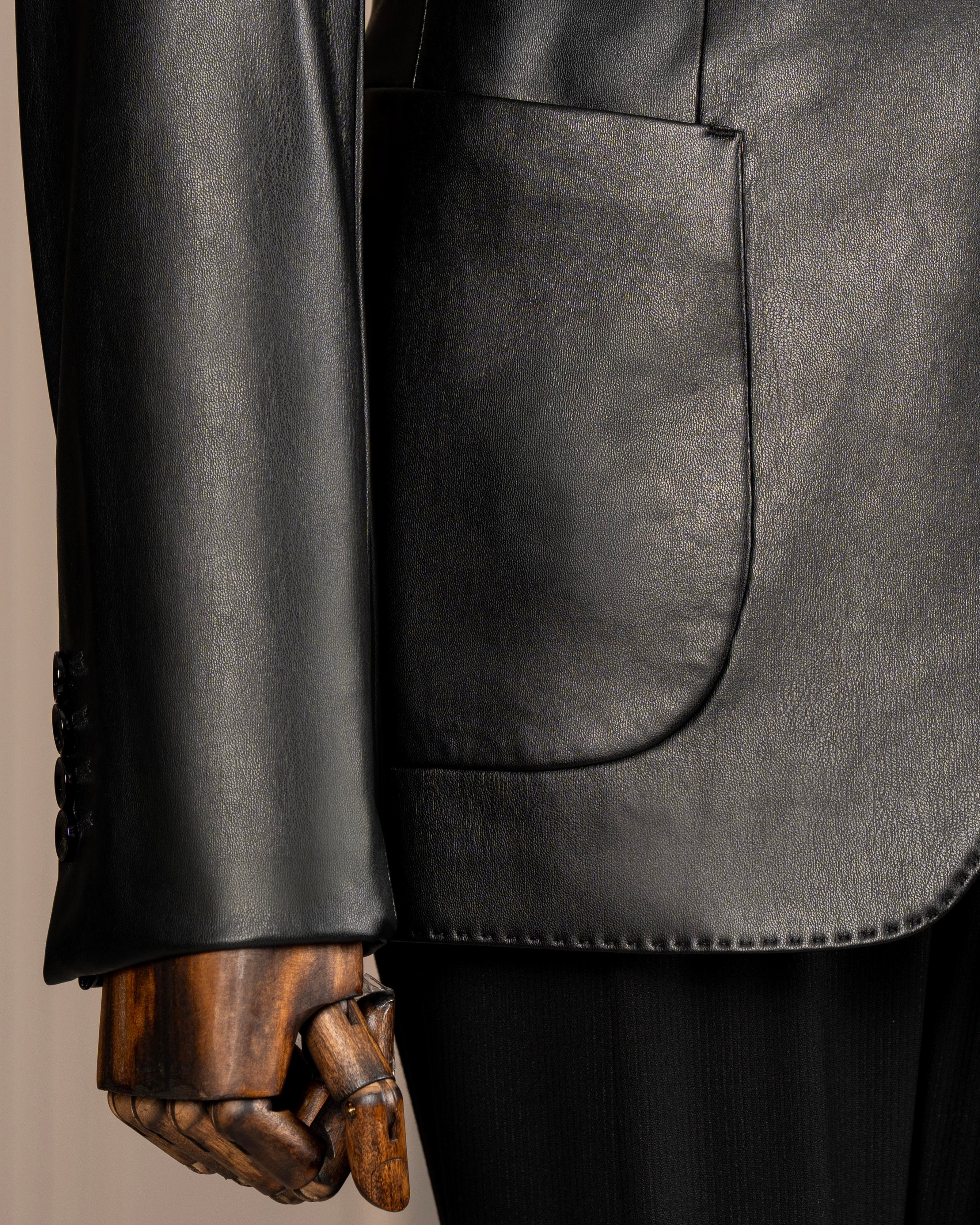 İtalyan stil slim fit erkek mono yaka suni deri ceket T10846