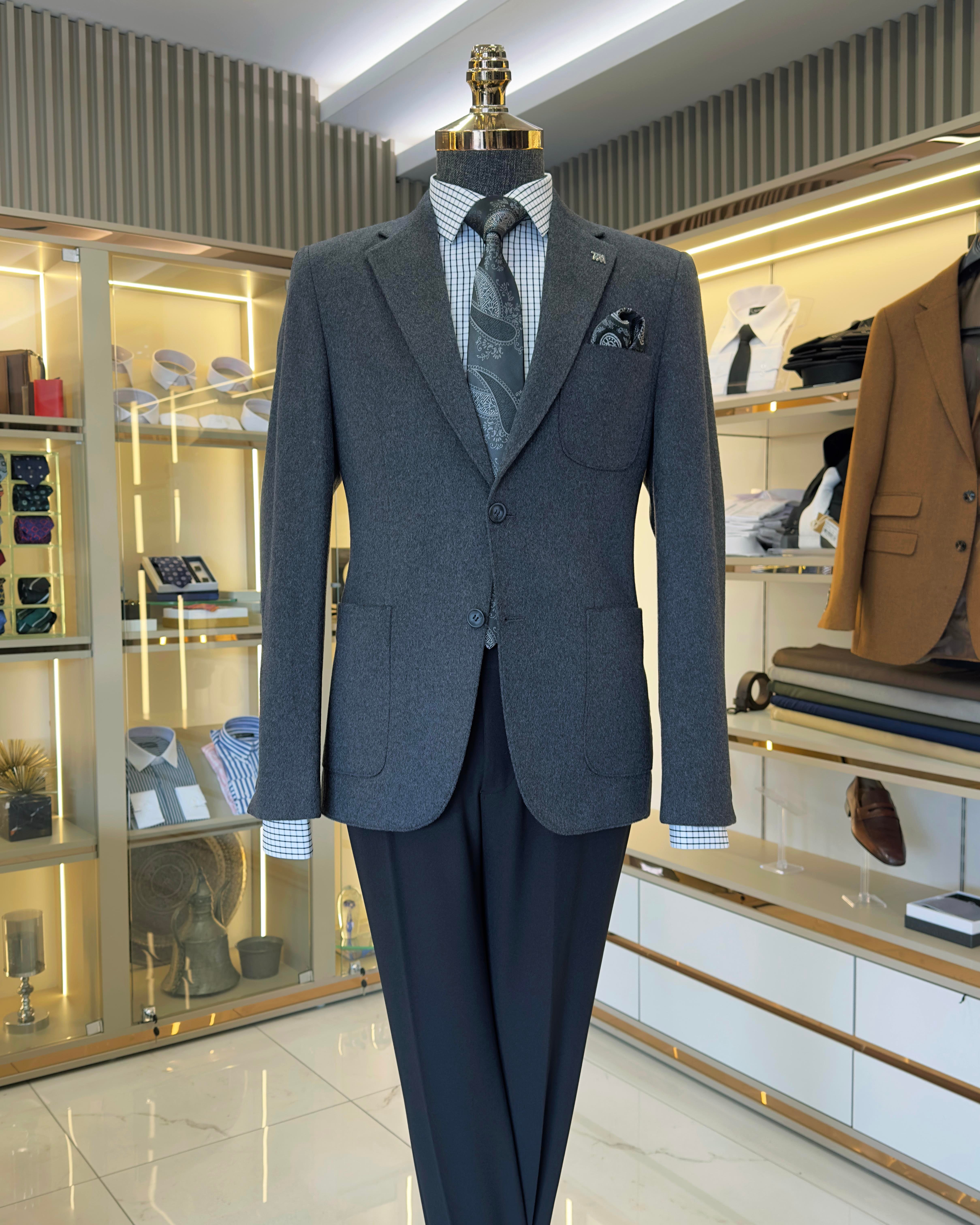 İtalyan stil slim fit erkek mono yaka yün ceket antrasit T10153