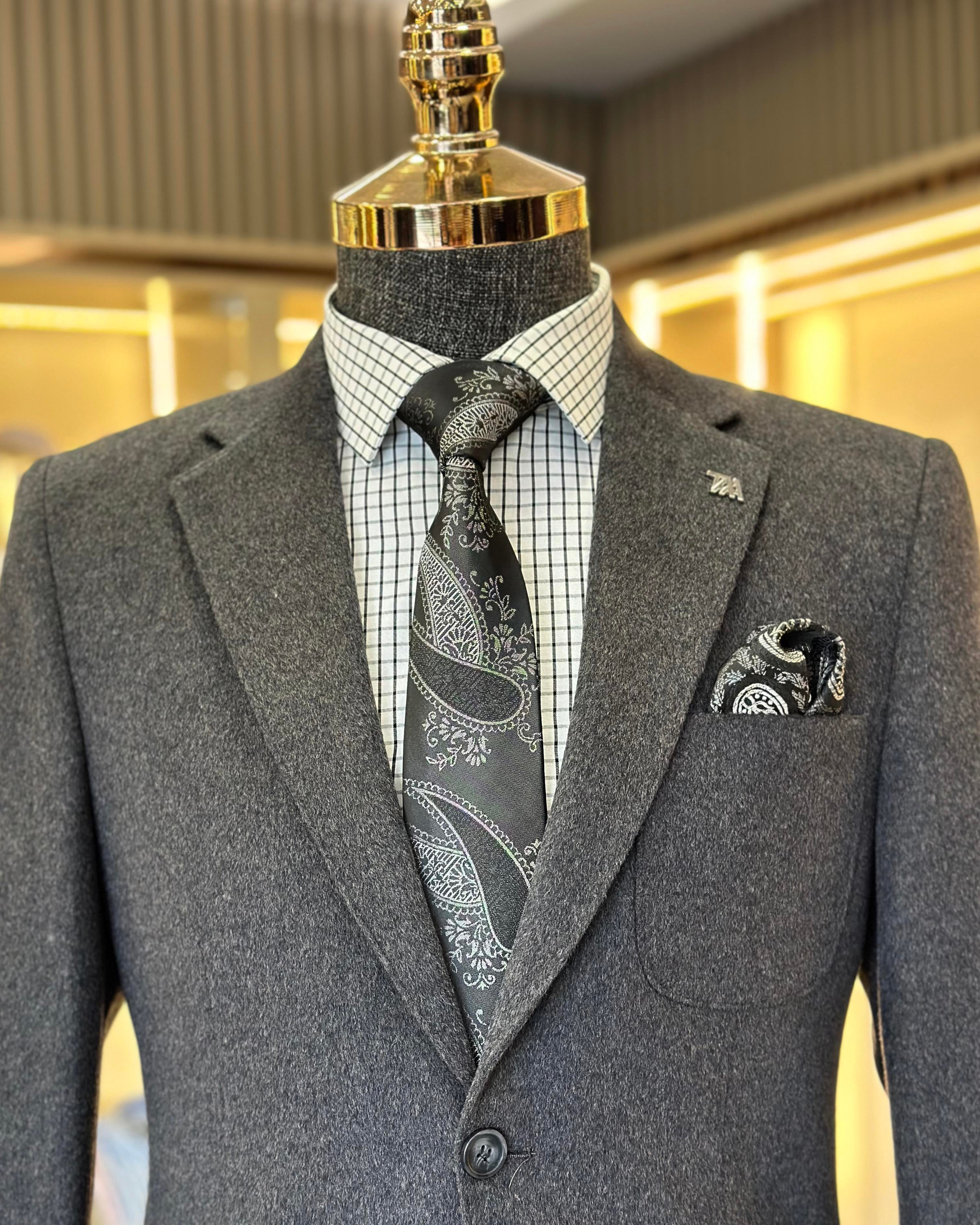 İtalyan stil slim fit erkek mono yaka yün ceket antrasit T10153