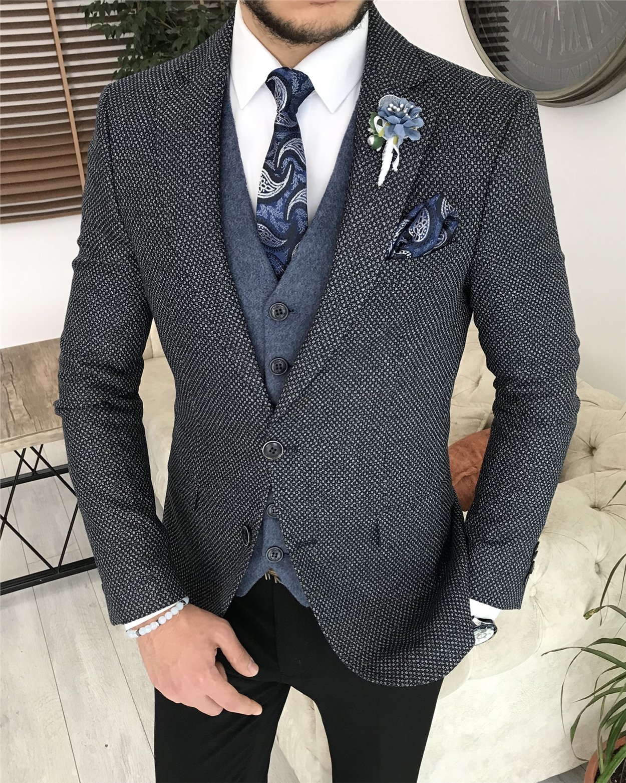 İtalyan stil slim fit erkek mono yaka ceket Lacivert T8127