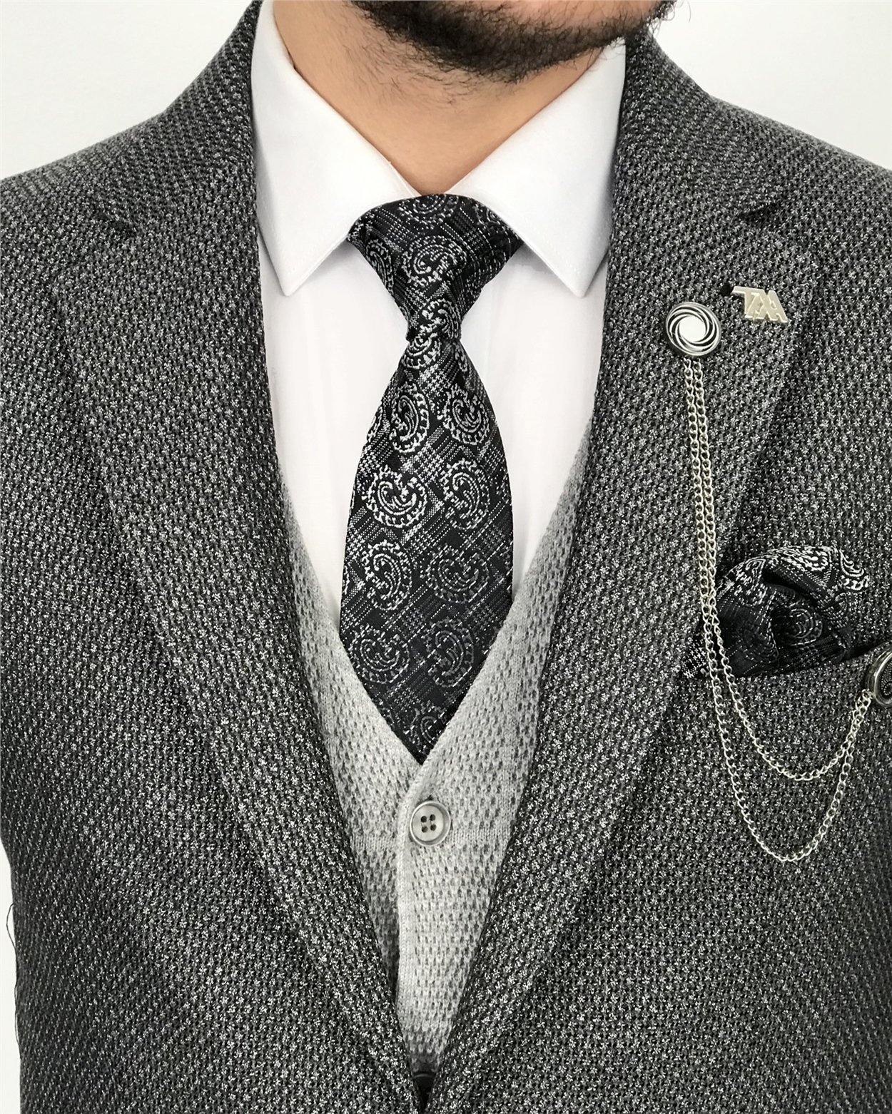 İtalyan stil slim fit erkek mono yaka ceket Gri T8126