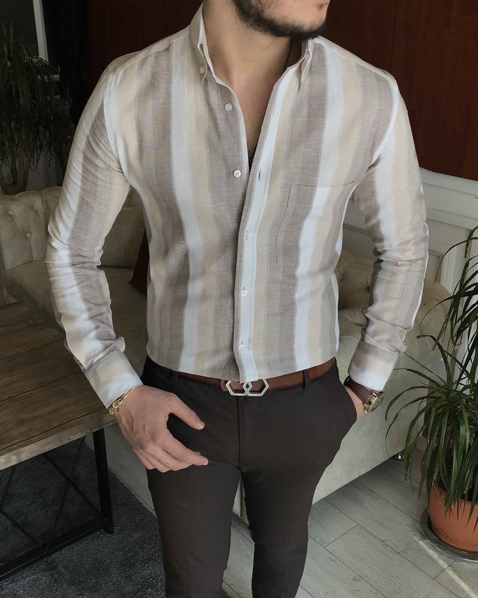 İtalyan stil slim fit erkek pamuklu dik yaka gömlek camel T7118