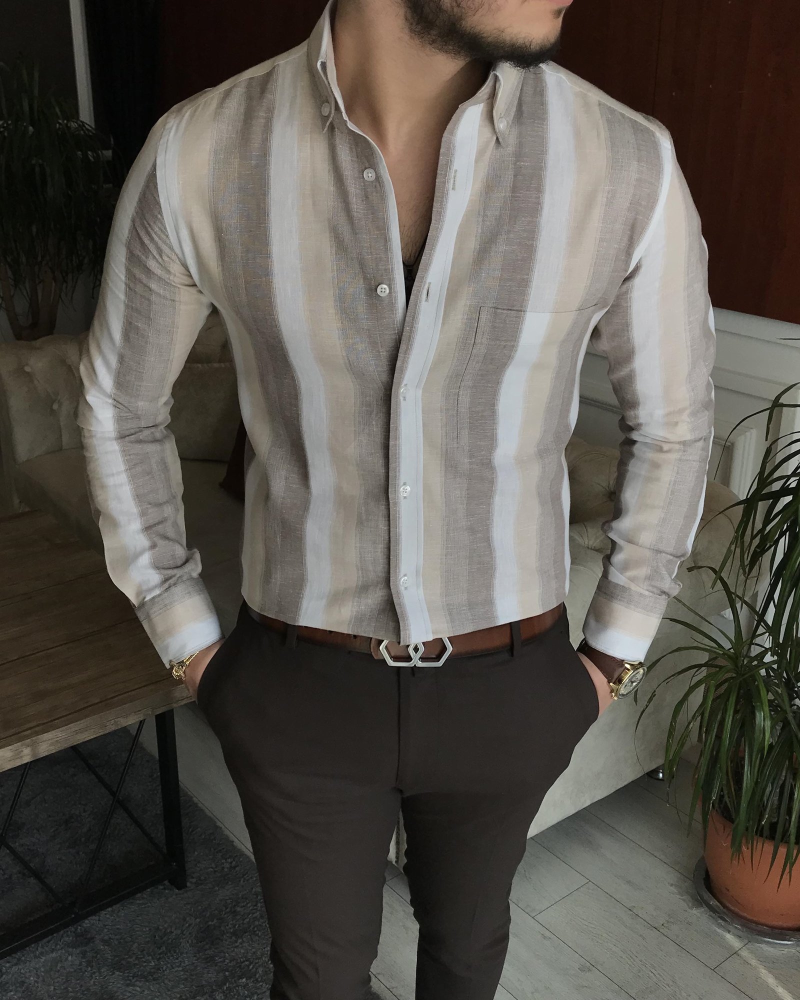 İtalyan stil slim fit erkek pamuklu dik yaka gömlek camel T7118
