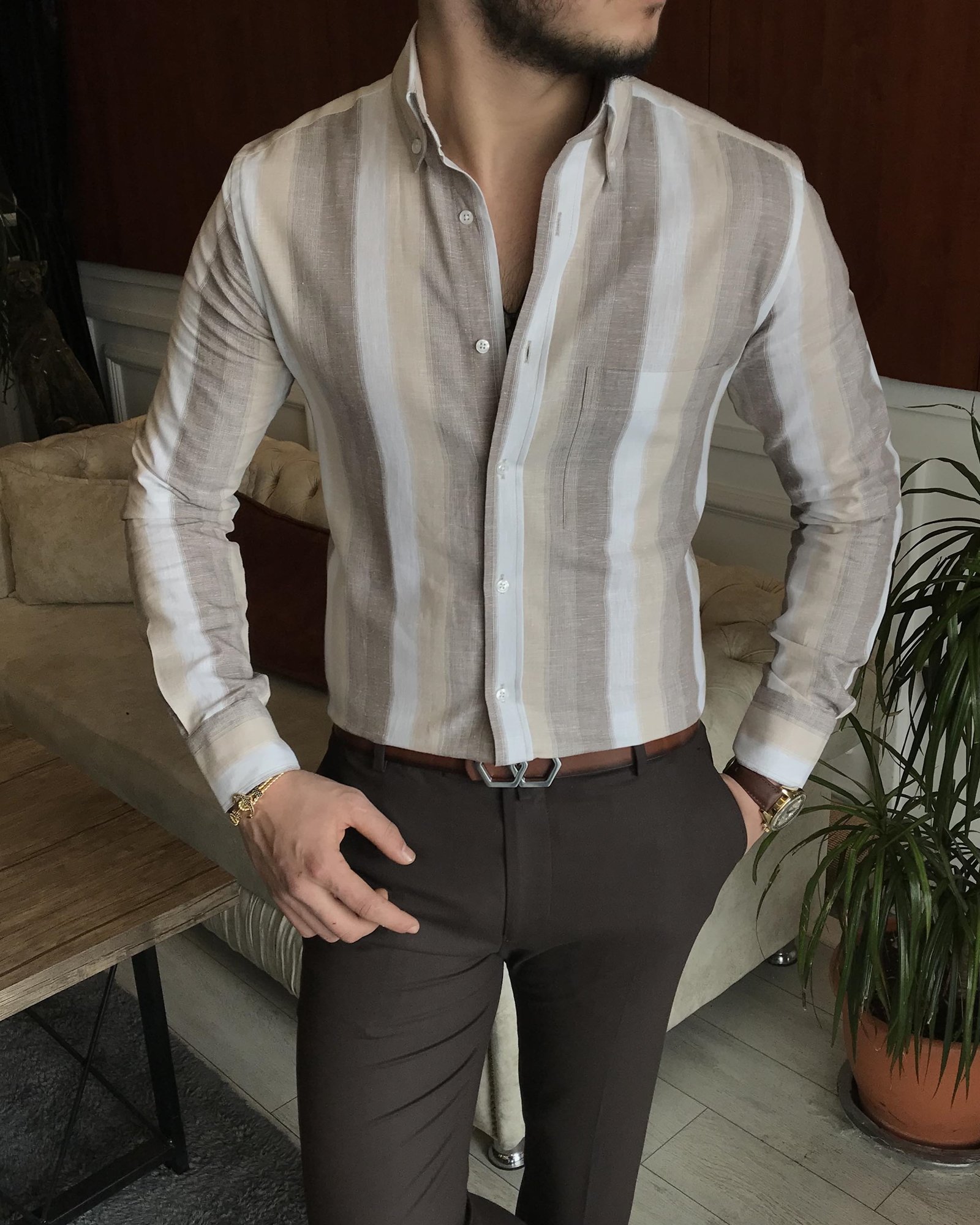 İtalyan stil slim fit erkek pamuklu dik yaka gömlek camel T7118