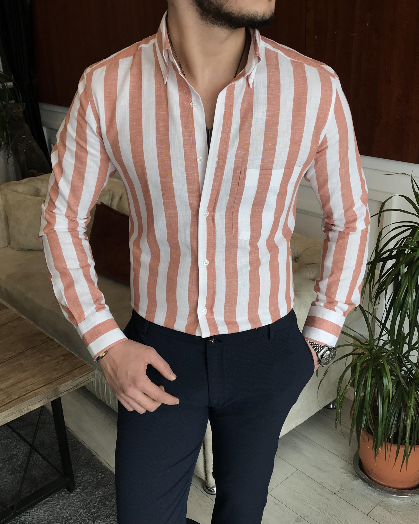 İtalyan stil slim fit erkek pamuklu dik yaka gömlek turuncu T7121