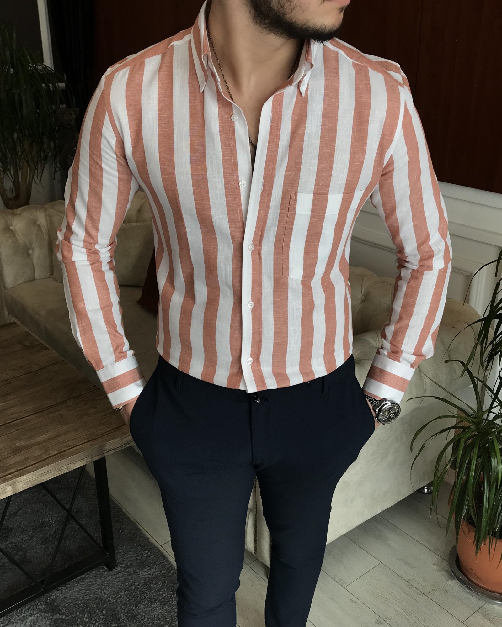 İtalyan stil slim fit erkek pamuklu dik yaka gömlek turuncu T7121