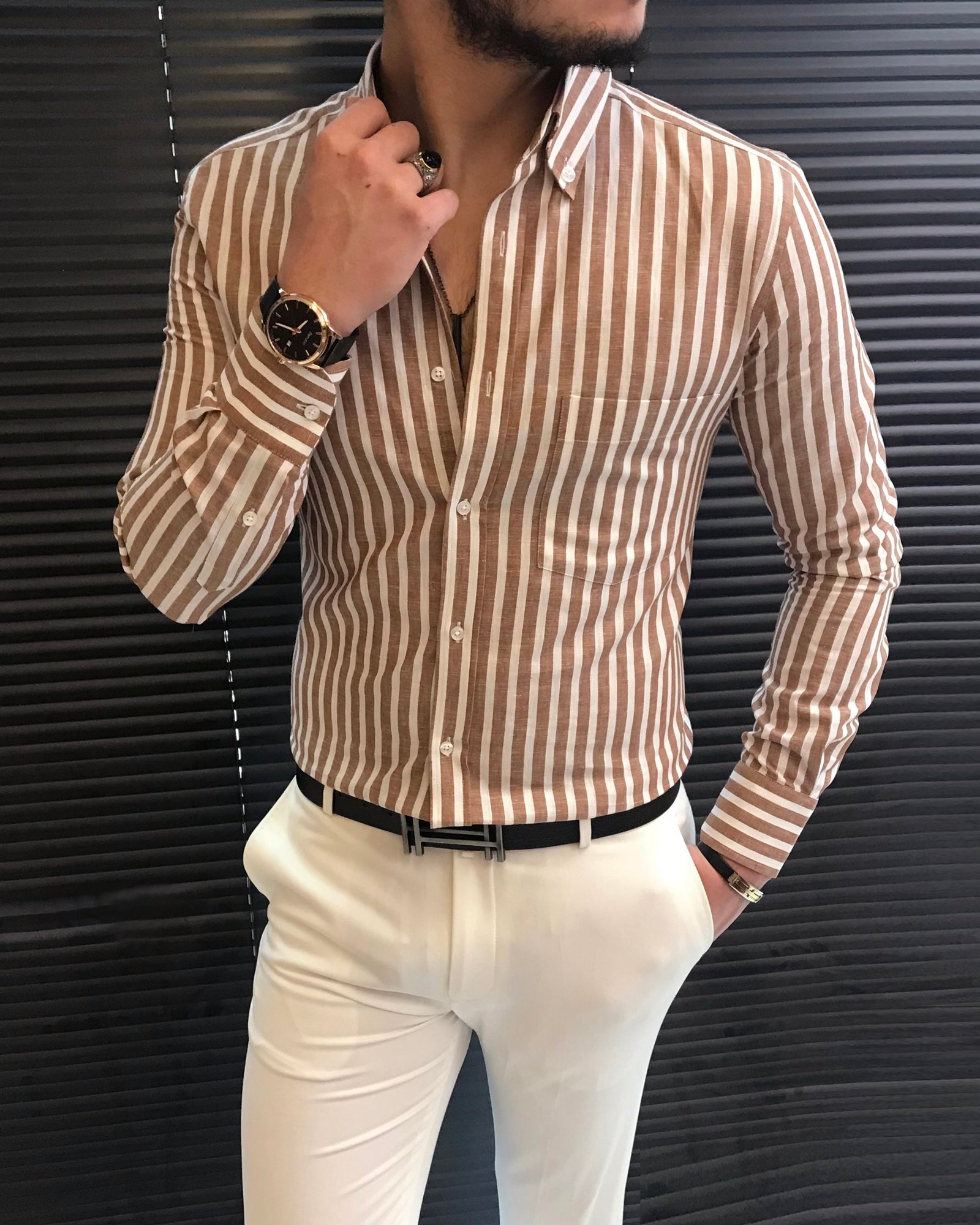 İtalyan stil slim fit erkek pamuklu dik yaka gömlek kahverengi T7130