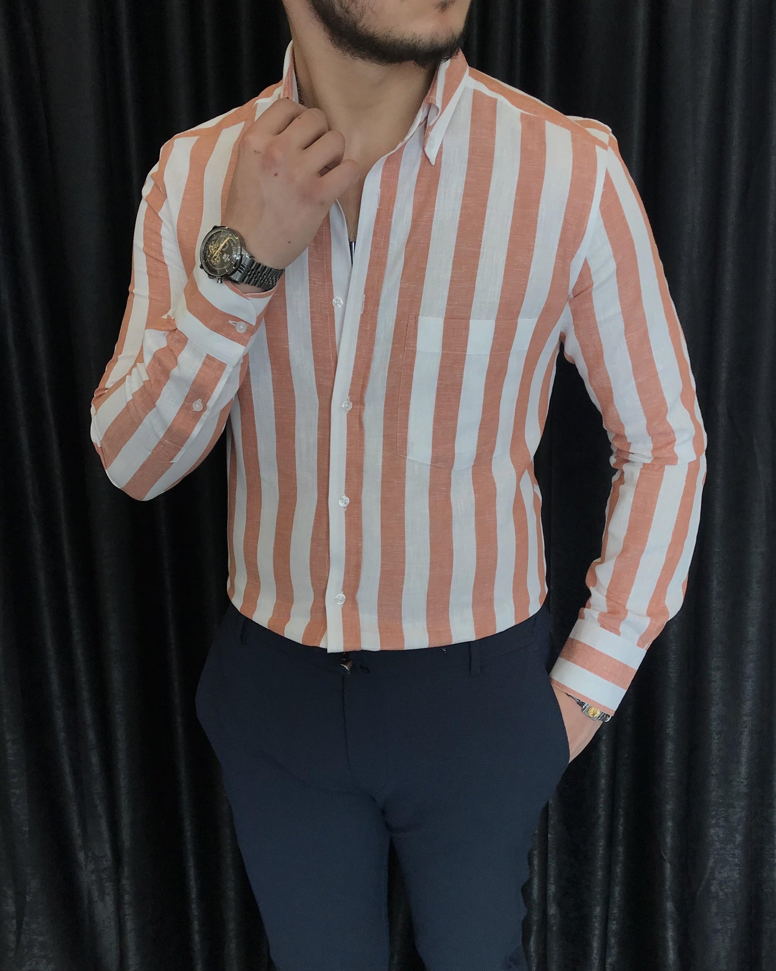 İtalyan stil slim fit erkek pamuklu dik yaka gömlek turuncu T7121
