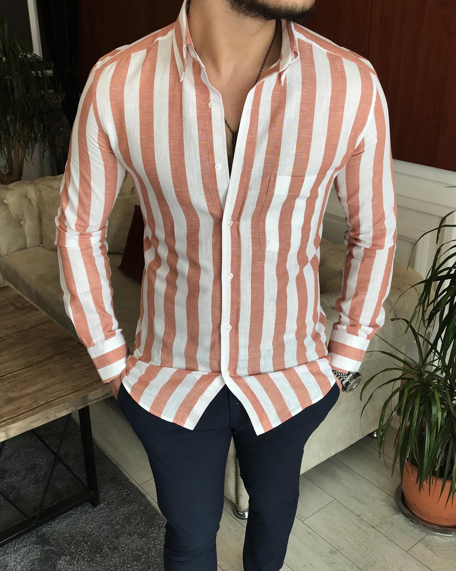 İtalyan stil slim fit erkek pamuklu dik yaka gömlek turuncu T7121
