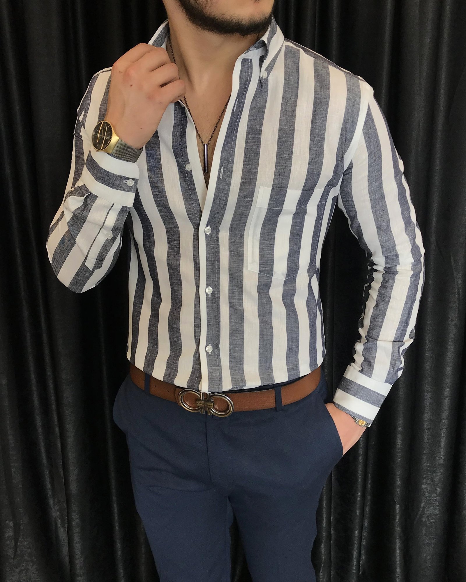 İtalyan stil slim fit erkek pamuklu dik yaka gömlek lacivert T7119