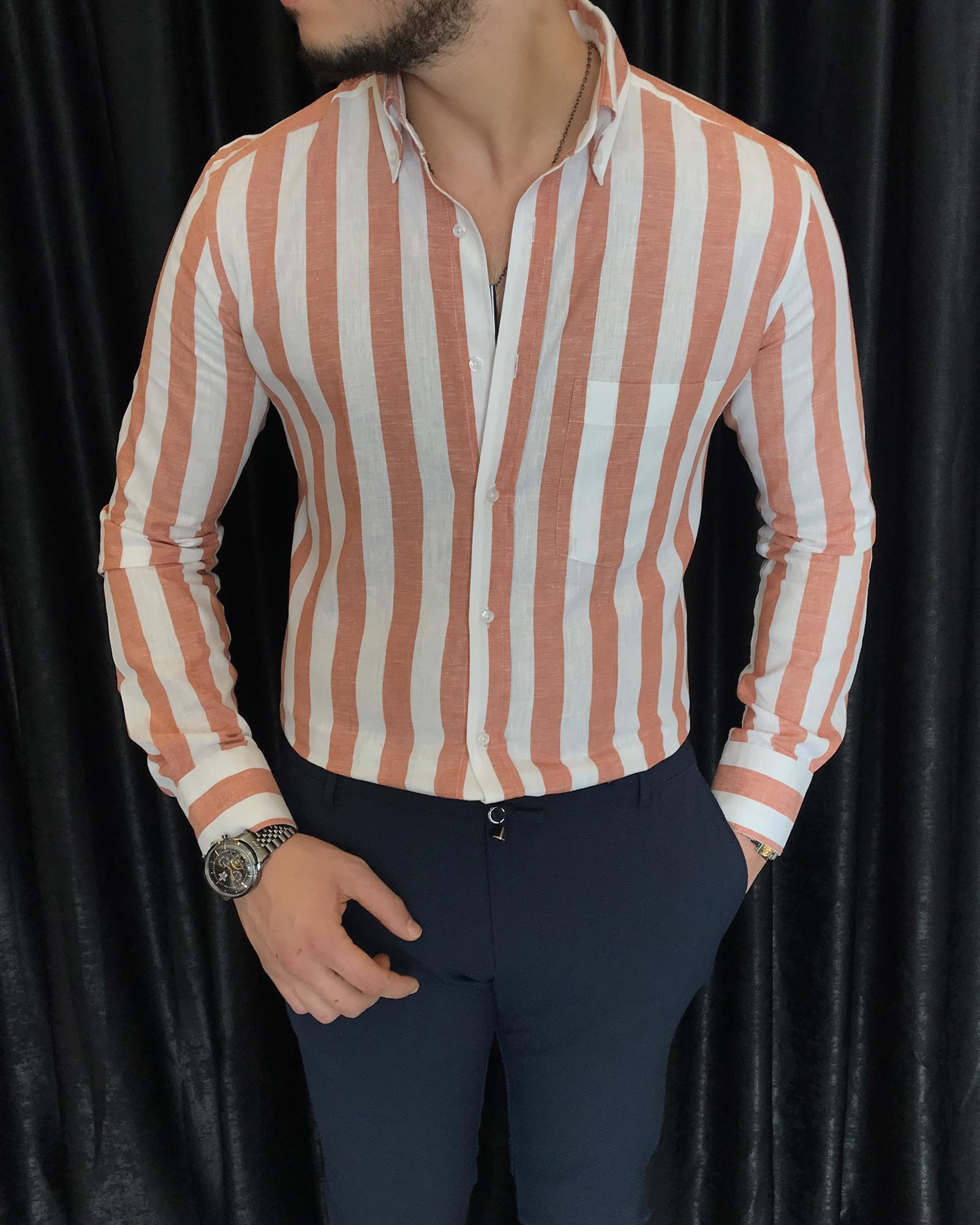 İtalyan stil slim fit erkek pamuklu dik yaka gömlek turuncu T7121