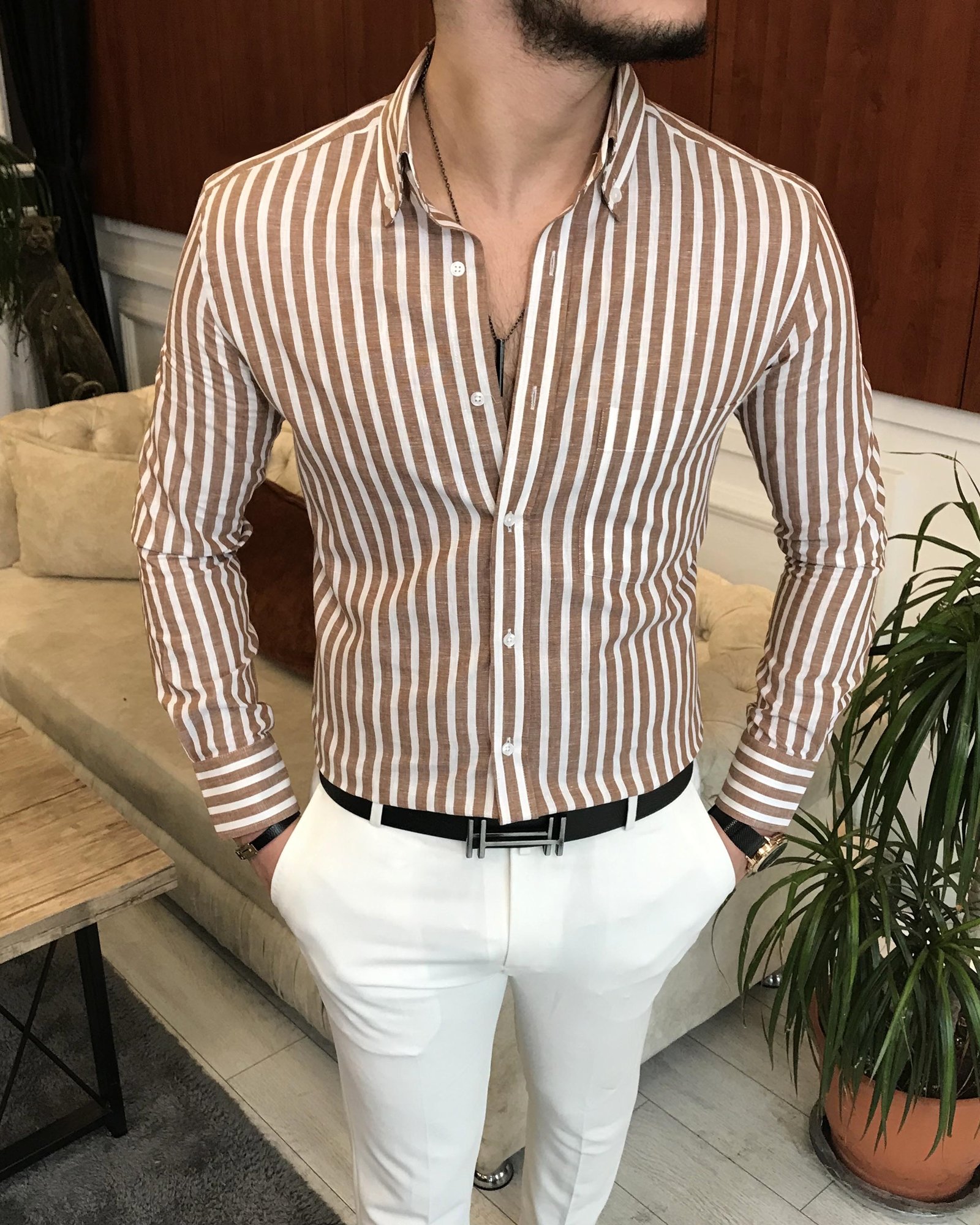 İtalyan stil slim fit erkek pamuklu dik yaka gömlek kahverengi T7130