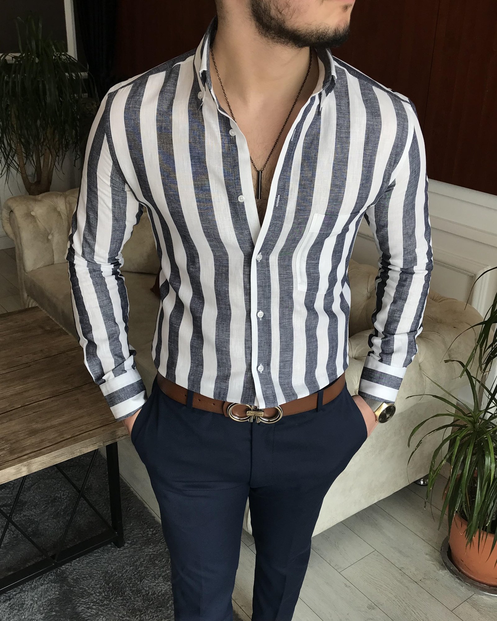İtalyan stil slim fit erkek pamuklu dik yaka gömlek lacivert T7119