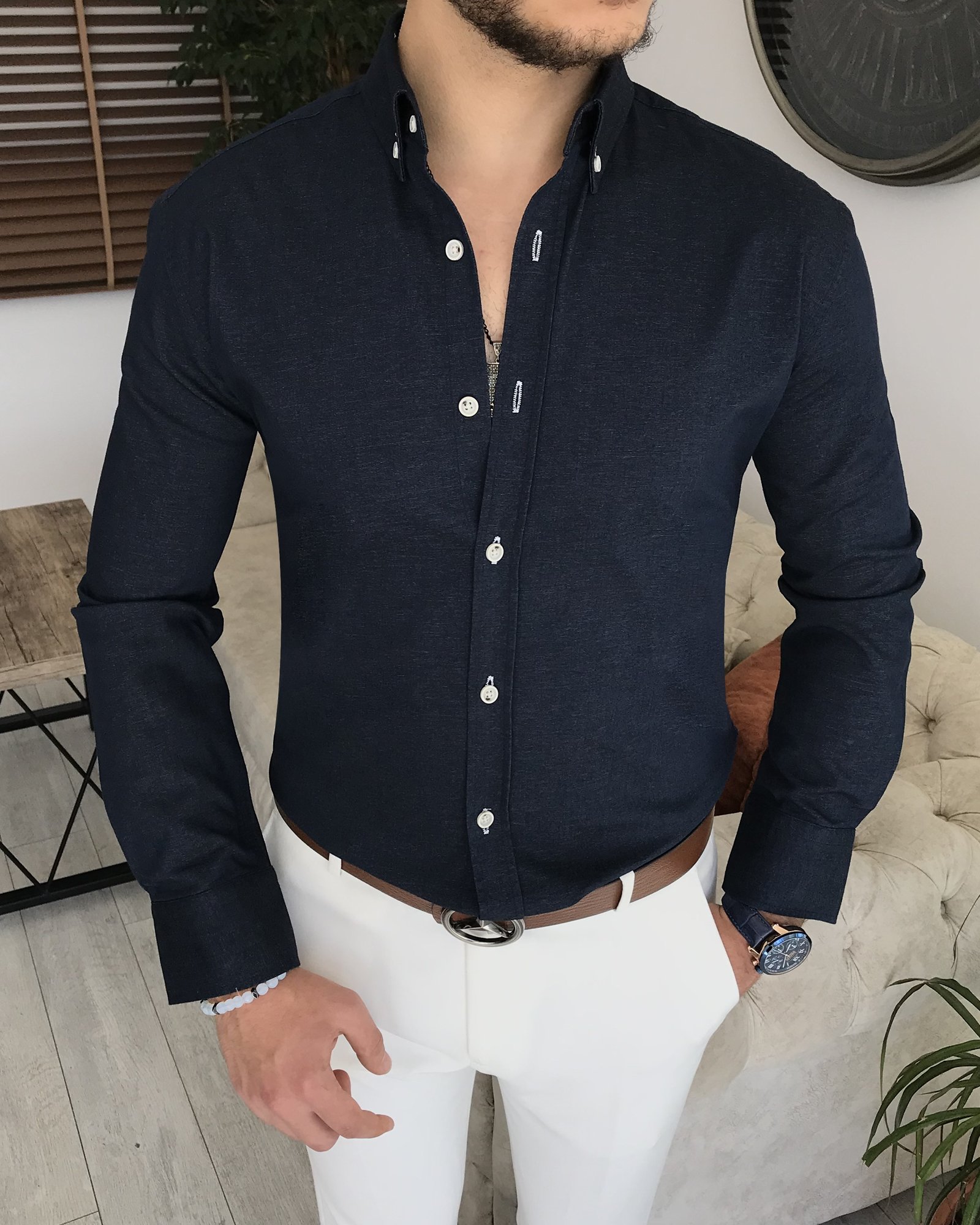 İtalyan stil slim fit erkek pamuklu gömlek lacivert T8049