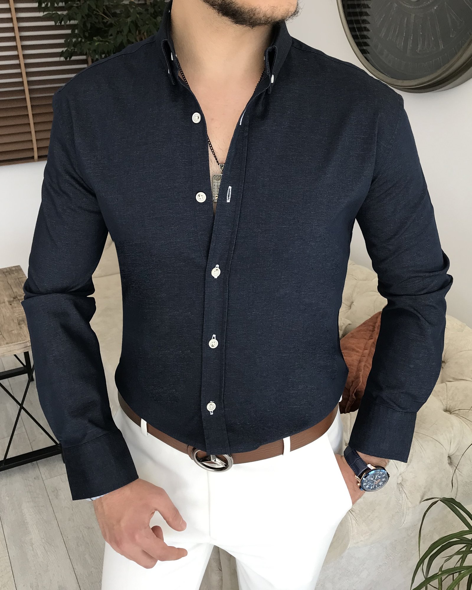 İtalyan stil slim fit erkek pamuklu gömlek lacivert T8049