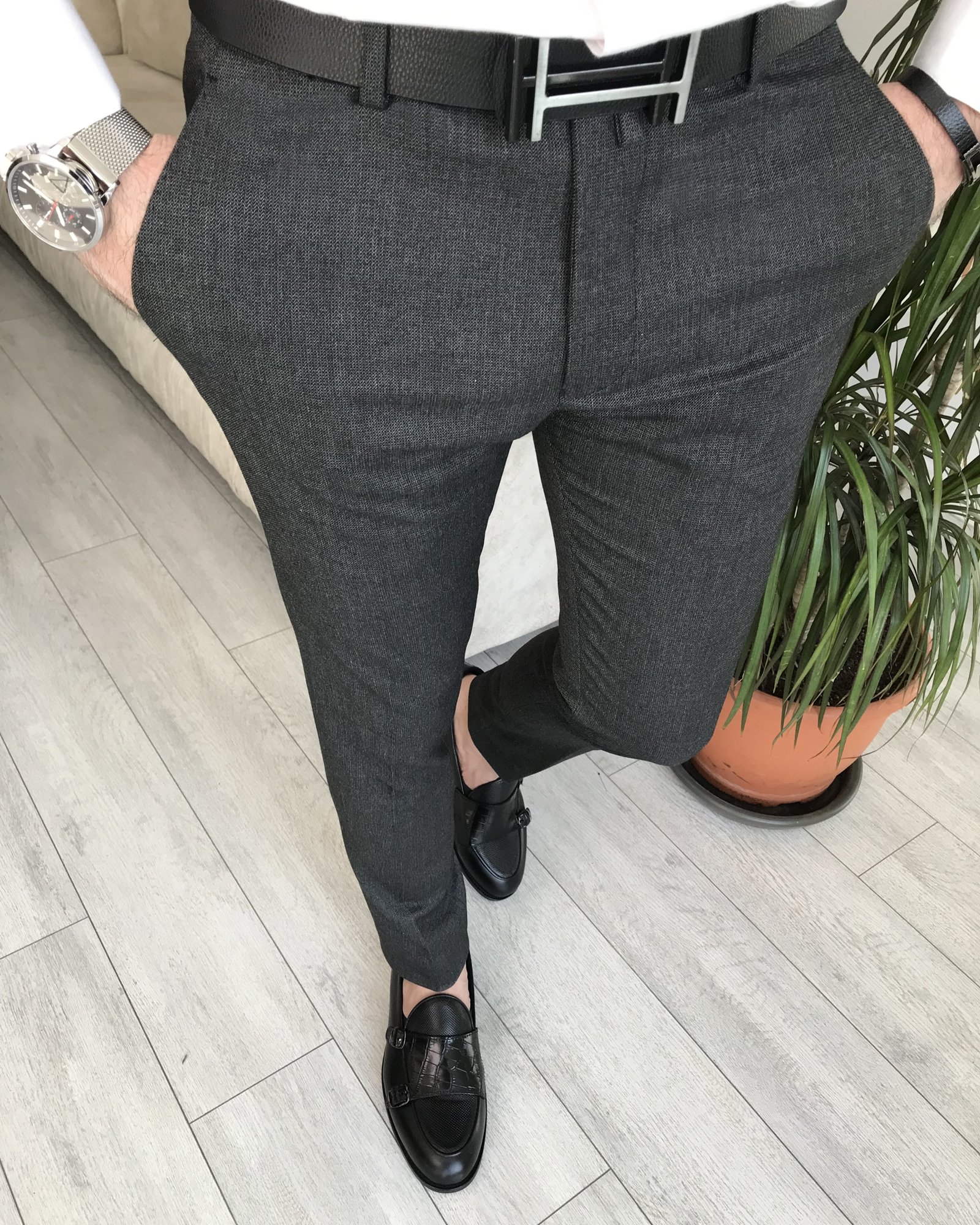 İtalyan stil slim fit erkek pantolon Antrasit T8252