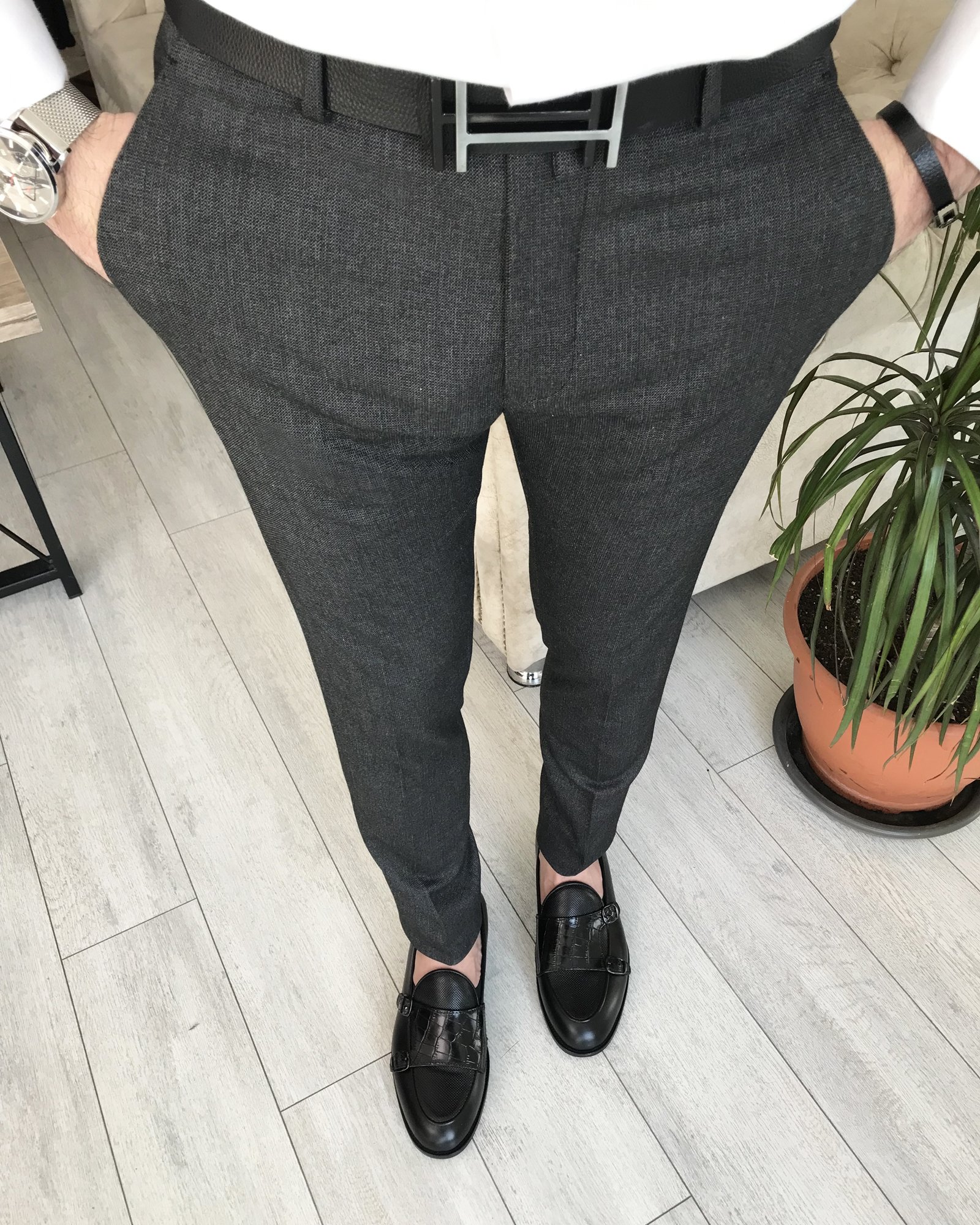 İtalyan stil slim fit erkek pantolon Antrasit T8252