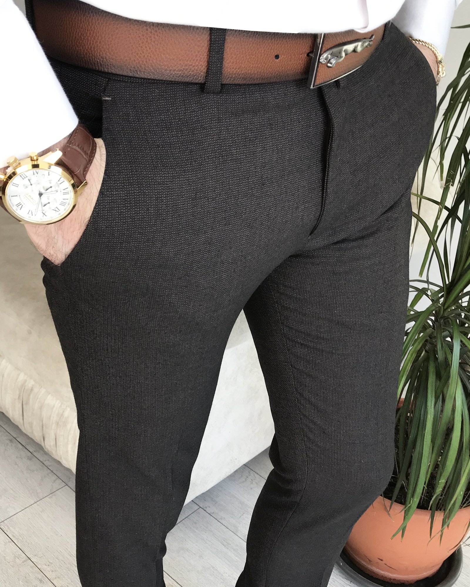 İtalyan stil slim fit erkek pantolon Kahverengi T8251