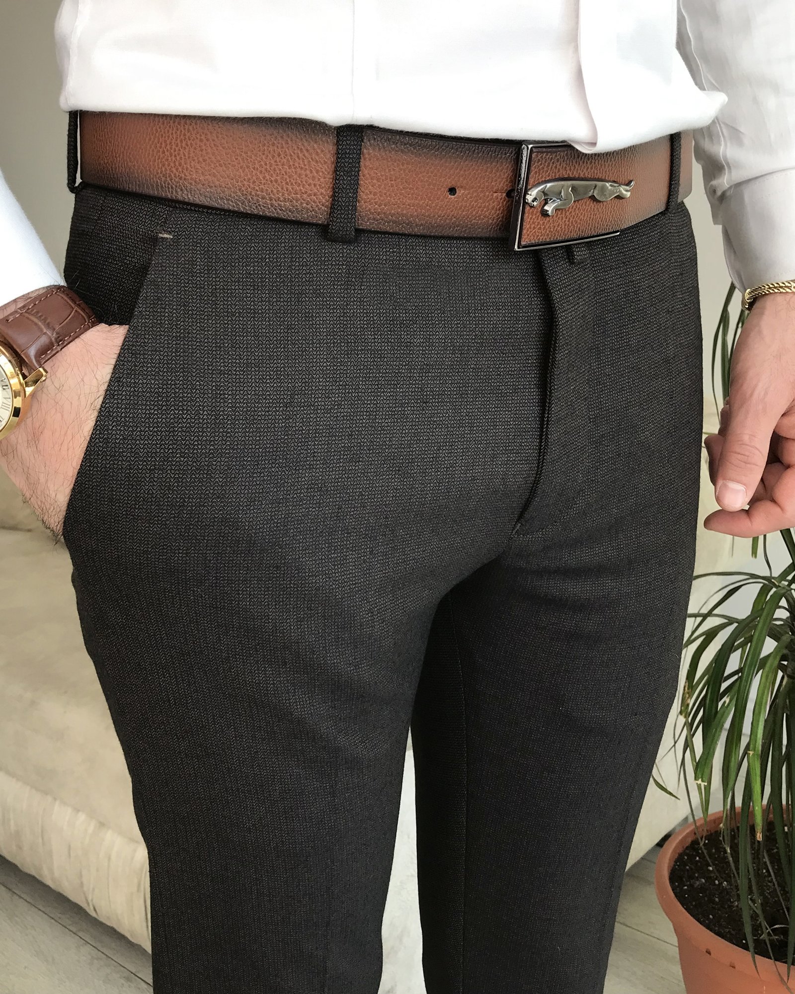 İtalyan stil slim fit erkek pantolon Kahverengi T8251