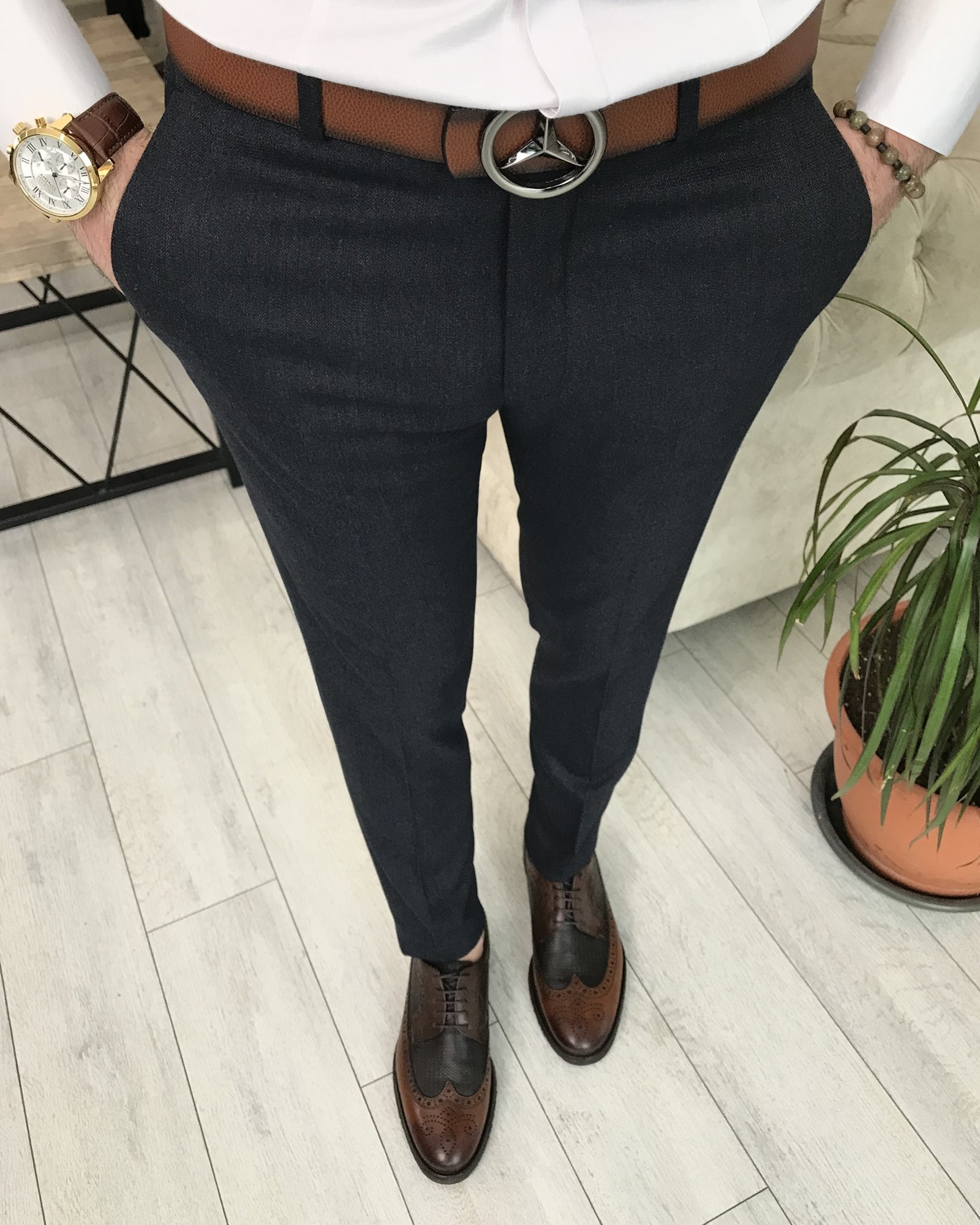 İtalyan stil slim fit erkek pantolon Lacivert T8255