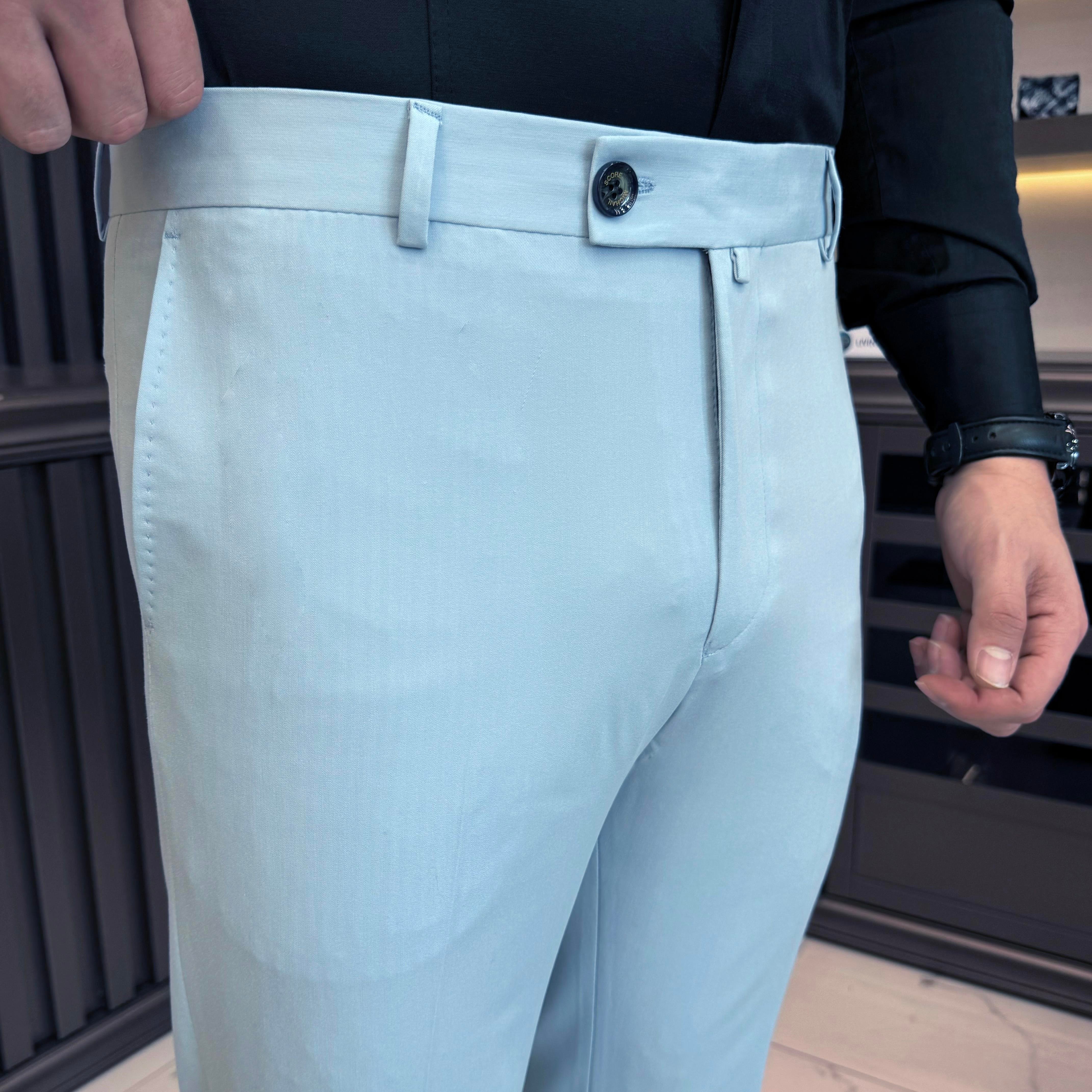 İtalyan stil slim fit erkek pantolon mavi T11626