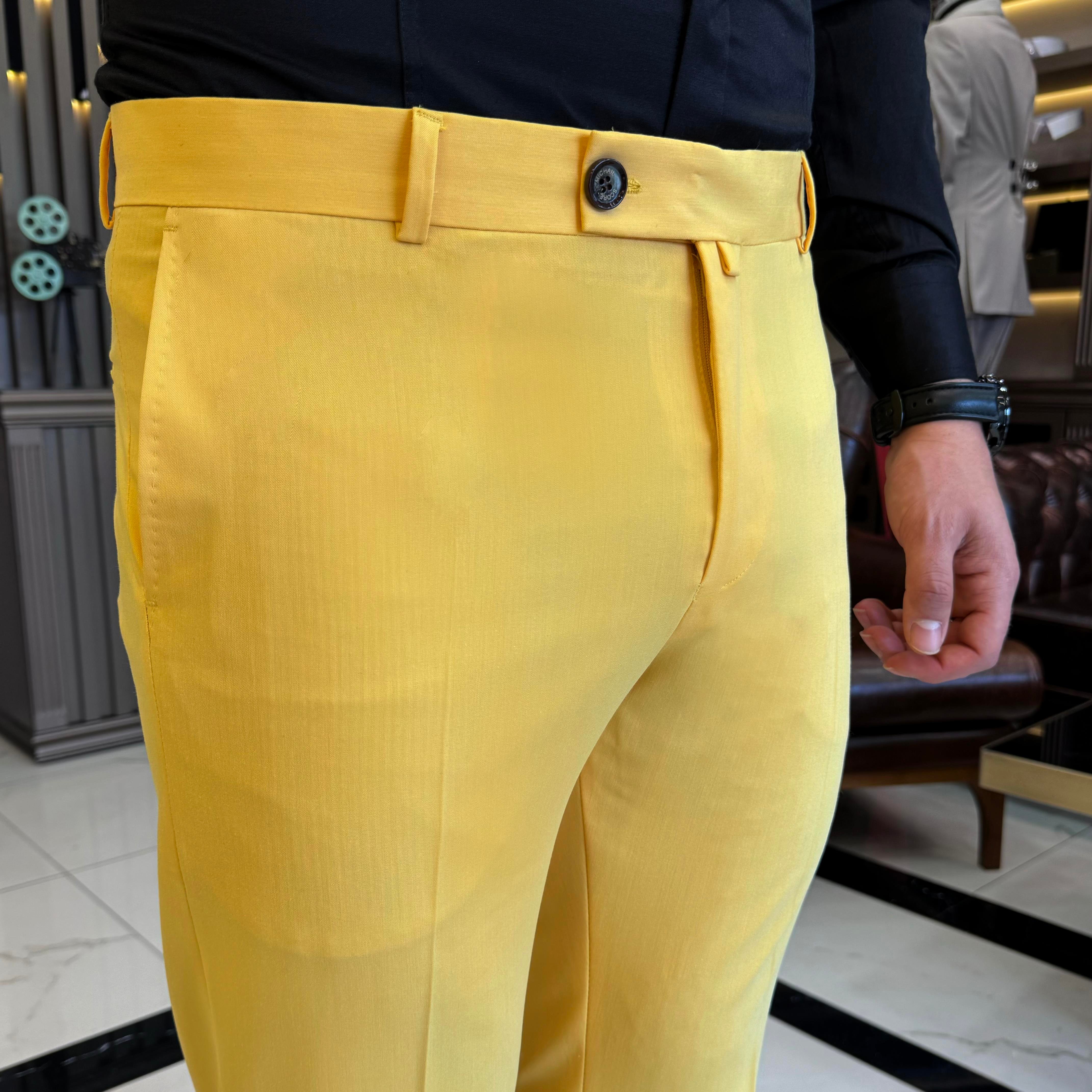 İtalyan stil slim fit erkek pantolon sarı T11625