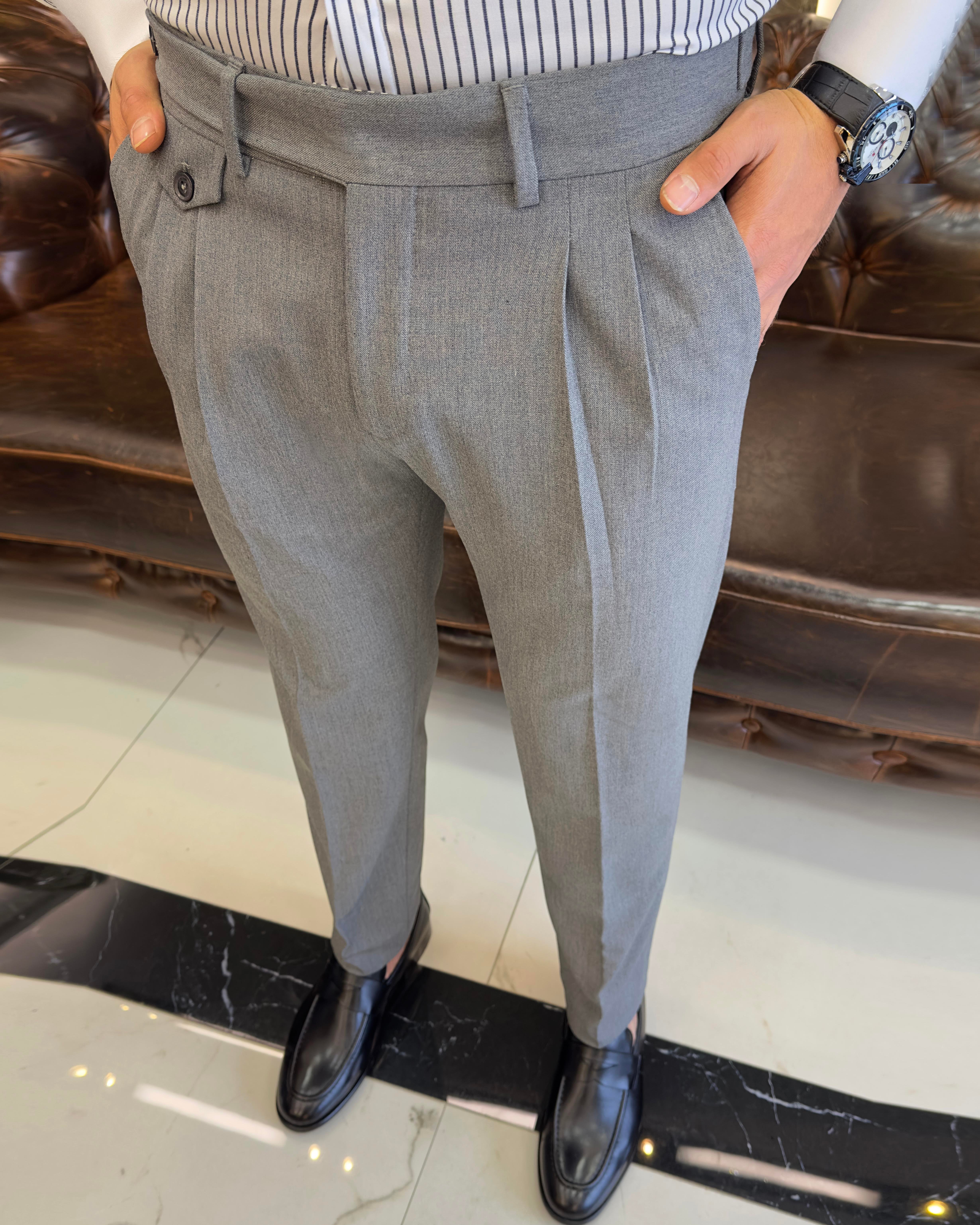 İtalyan stil slim fit erkek pileli kumaş pantolon Antrasit T8849