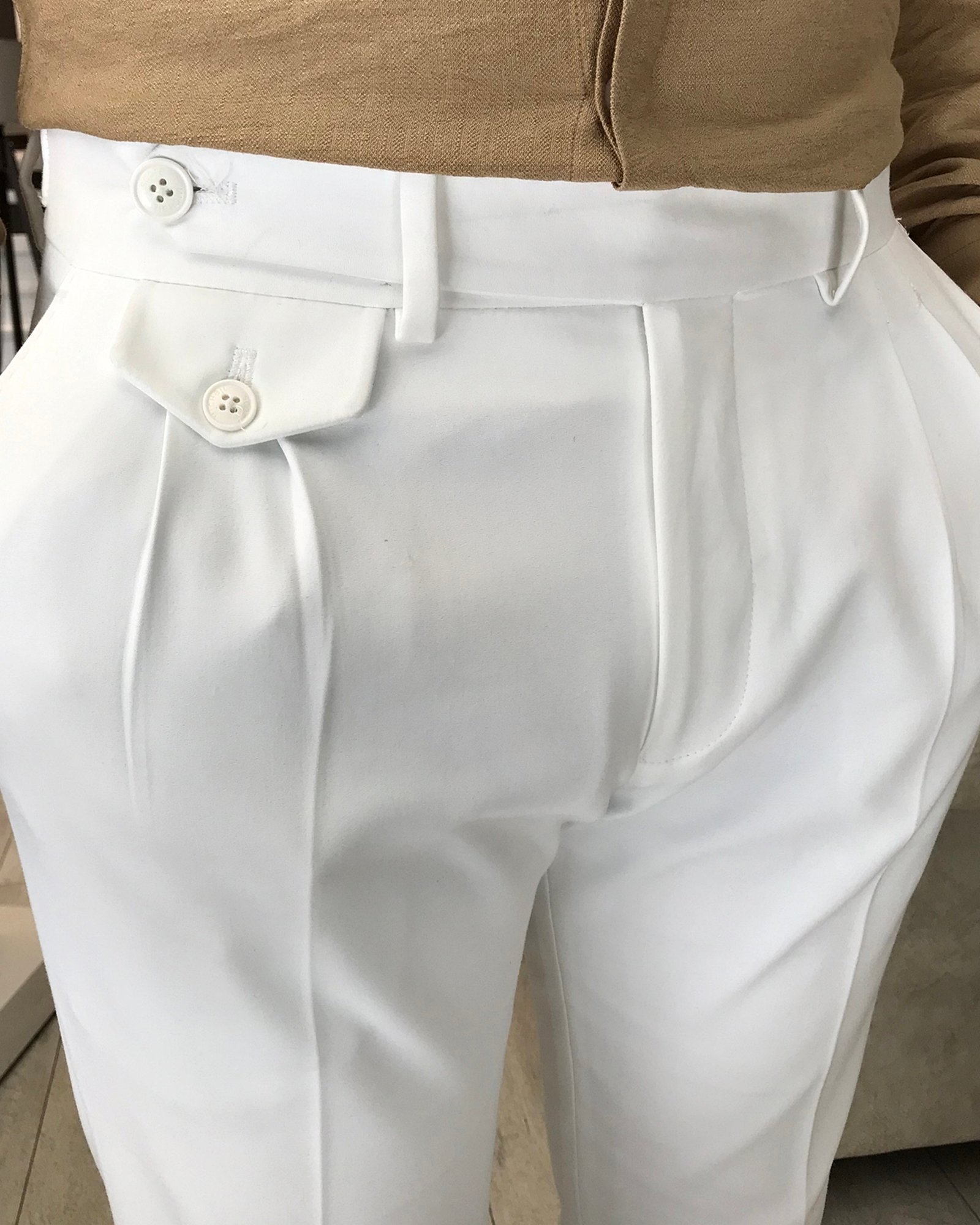 İtalyan stil slim fit erkek pileli kumaş pantolon Beyaz T5290