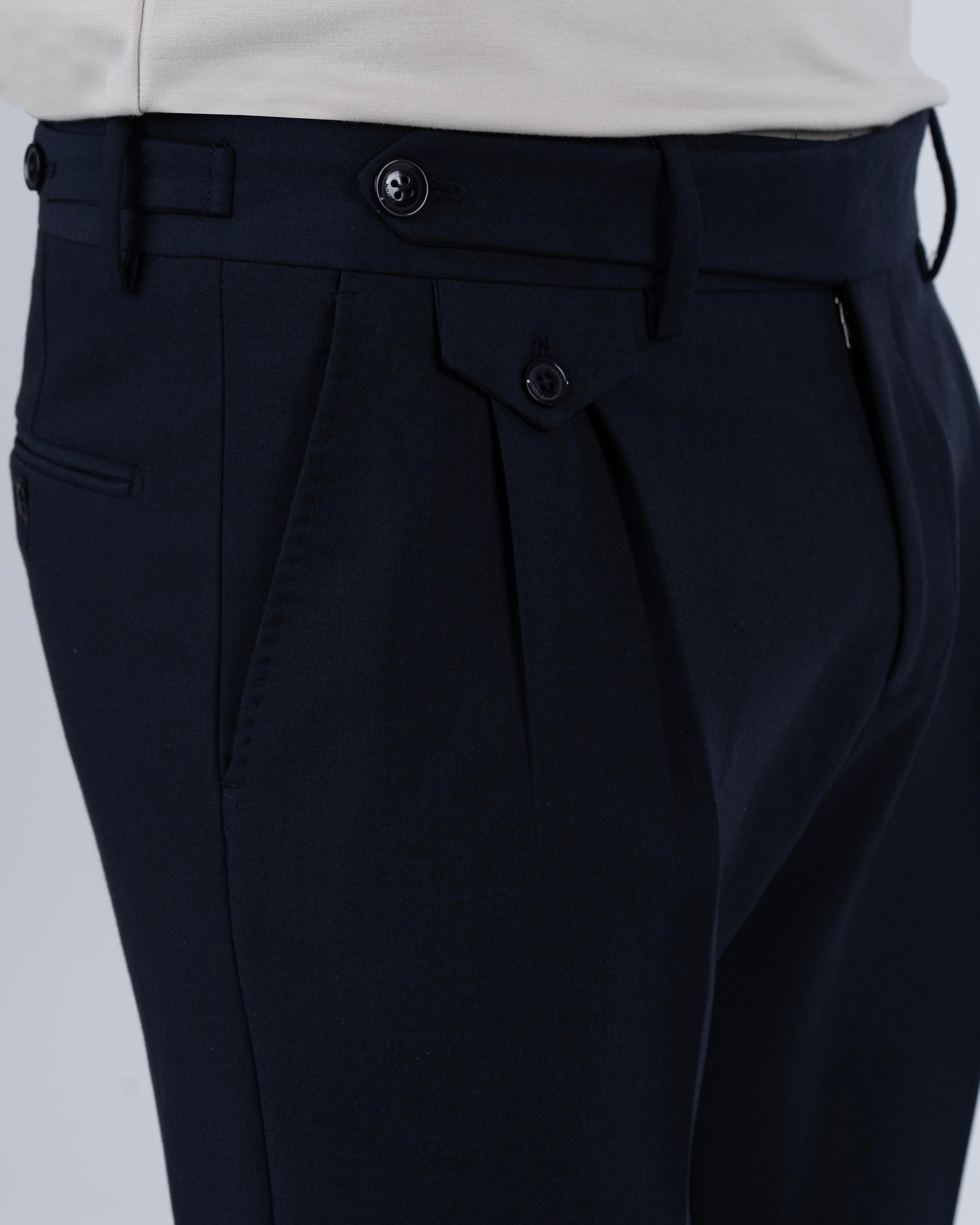 İtalyan stil slim fit erkek pileli kumaş pantolon Lacivert T5288