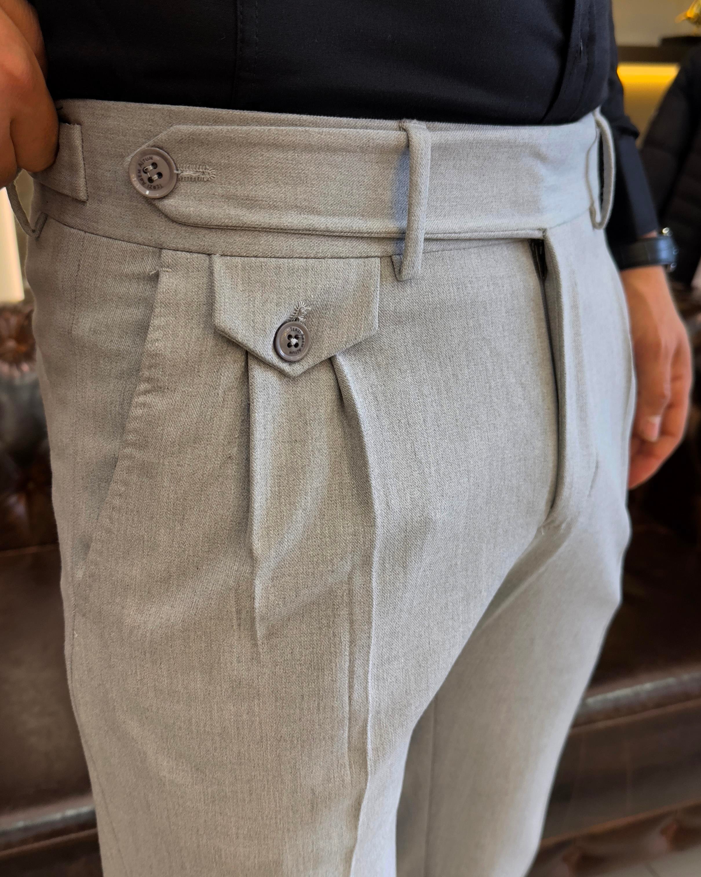 İtalyan stil slim fit erkek pileli kumaş pantolon Gri T5286