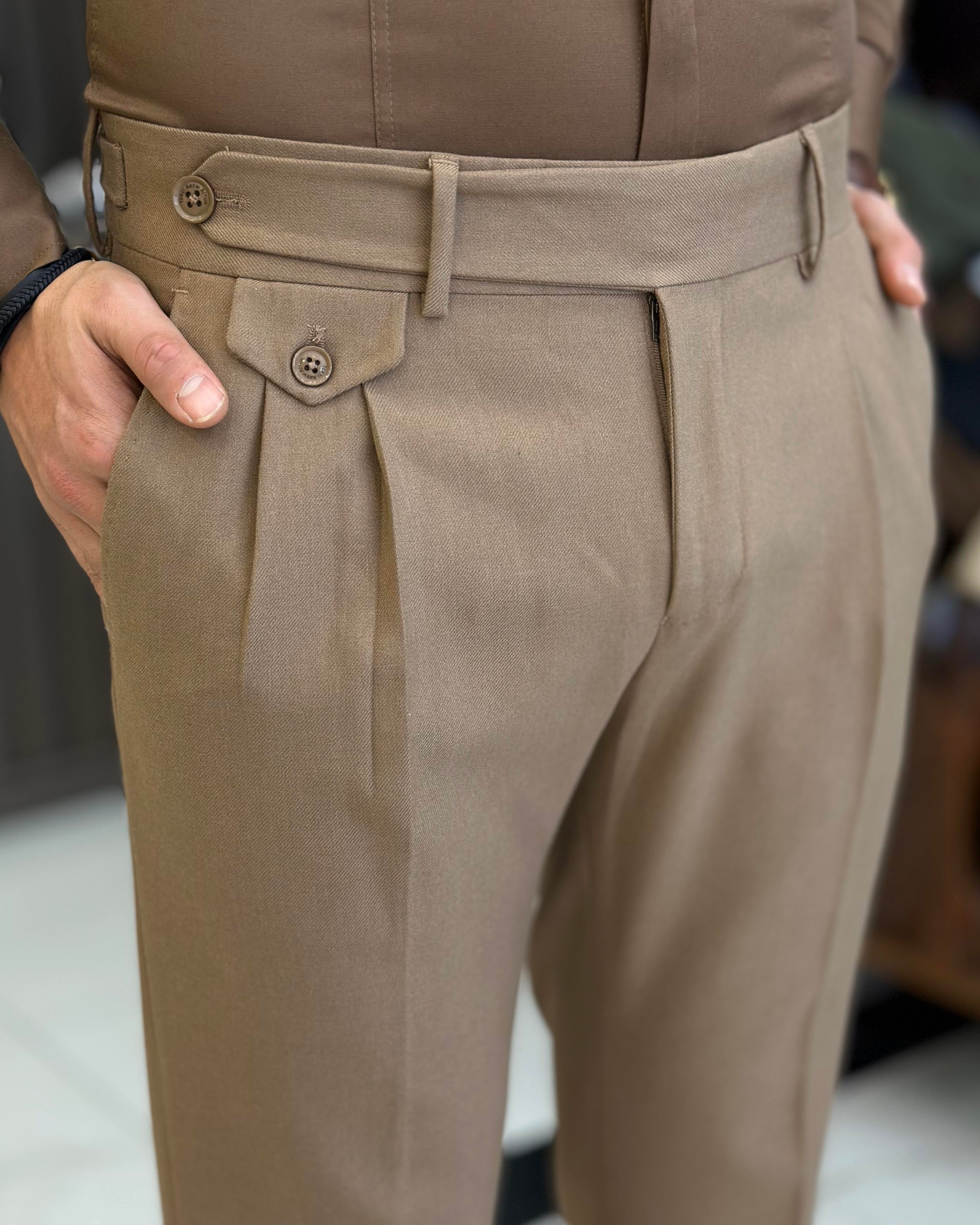 İtalyan stil slim fit erkek pileli kumaş pantolon Camel T10797