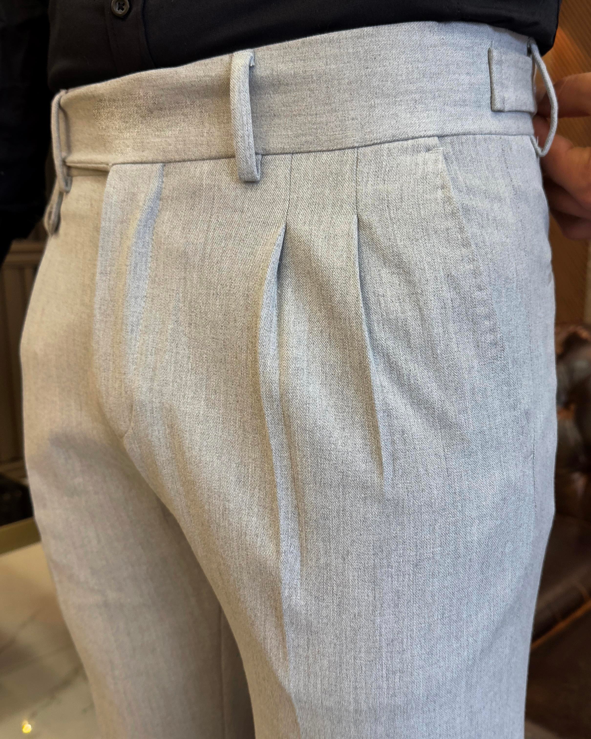 İtalyan stil slim fit erkek pileli kumaş pantolon Gri T5286