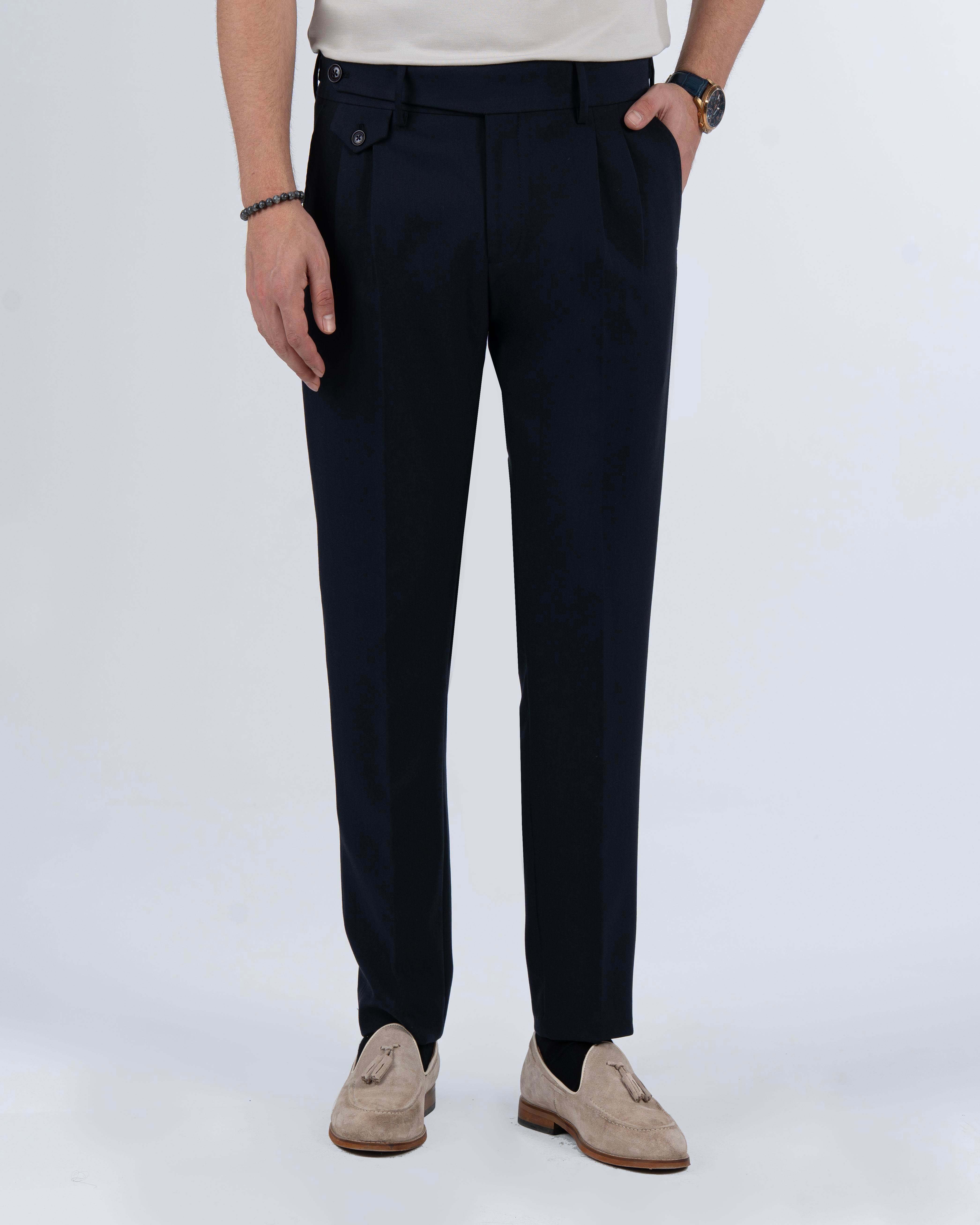 İtalyan stil slim fit erkek pileli kumaş pantolon Lacivert T5288