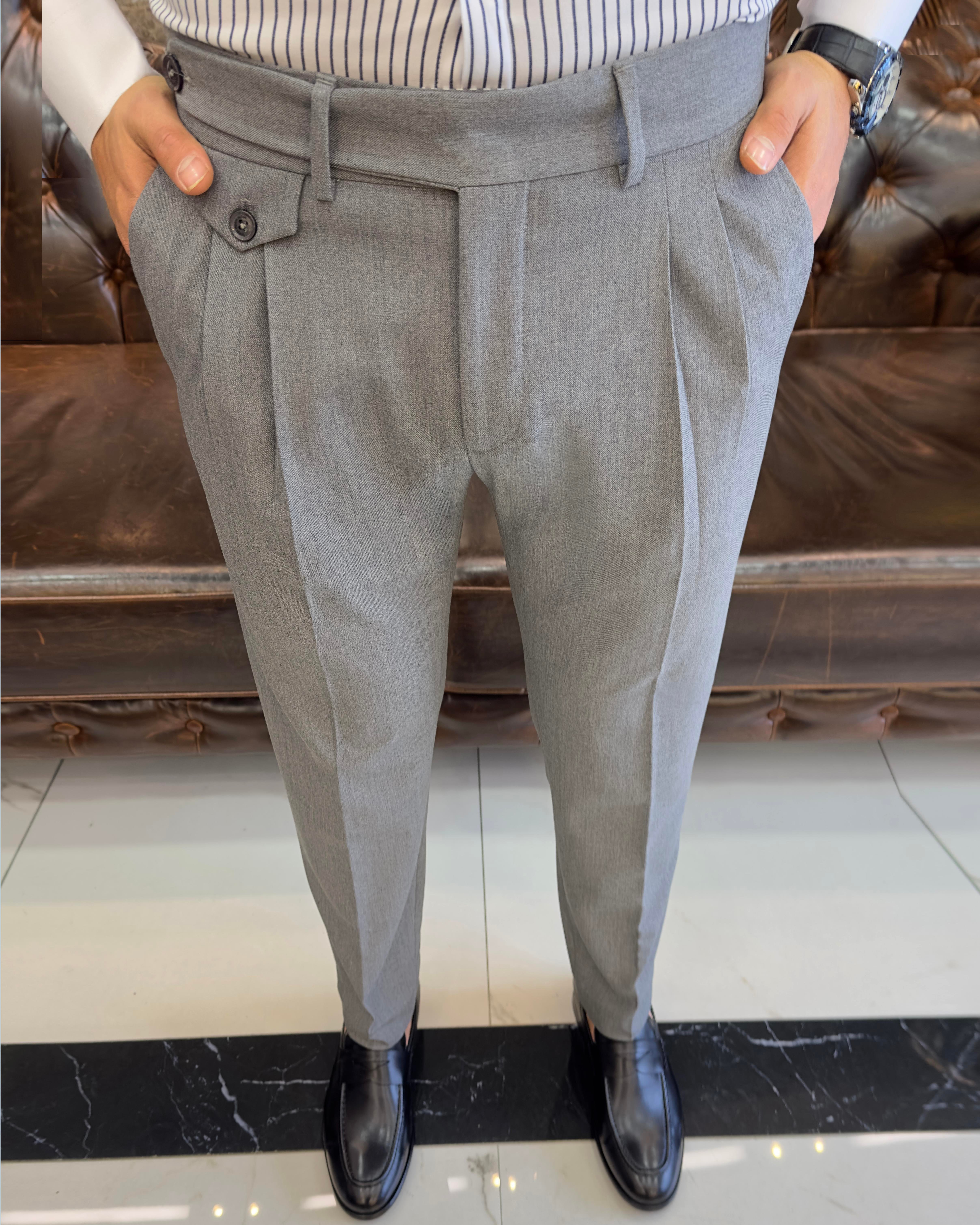 İtalyan stil slim fit erkek pileli kumaş pantolon Antrasit T8849