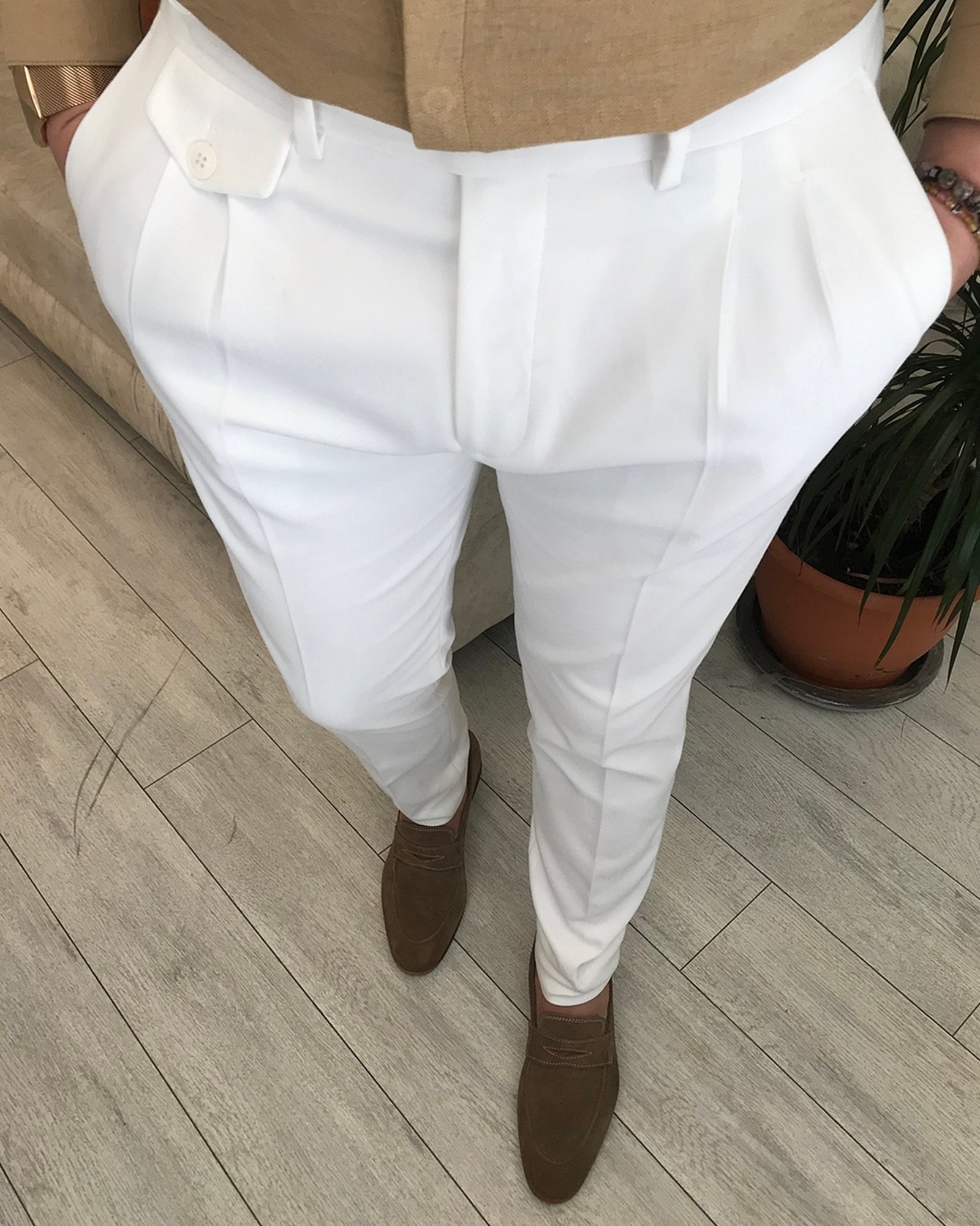 İtalyan stil slim fit erkek pileli kumaş pantolon Beyaz T5290