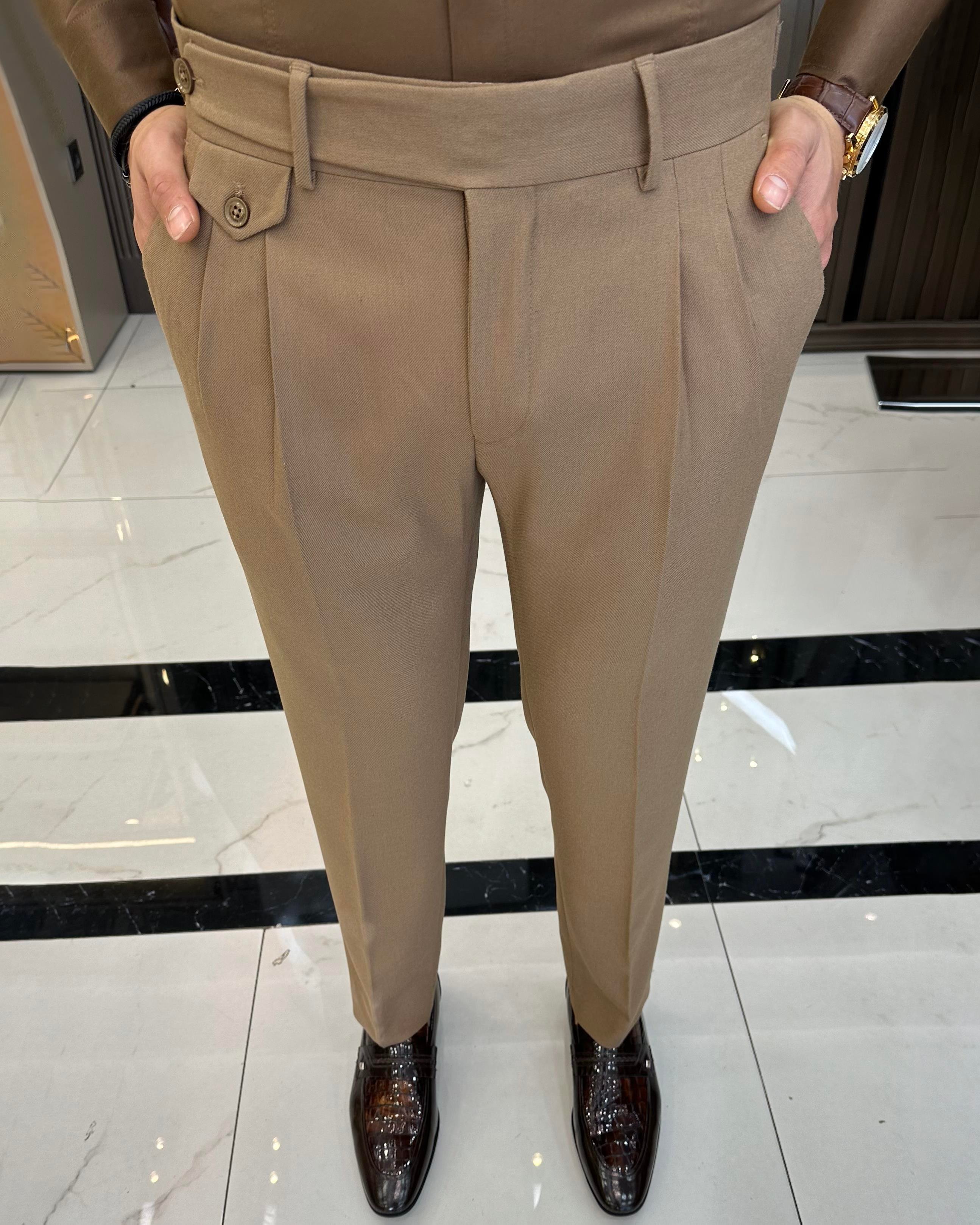 İtalyan stil slim fit erkek pileli kumaş pantolon Camel T10797