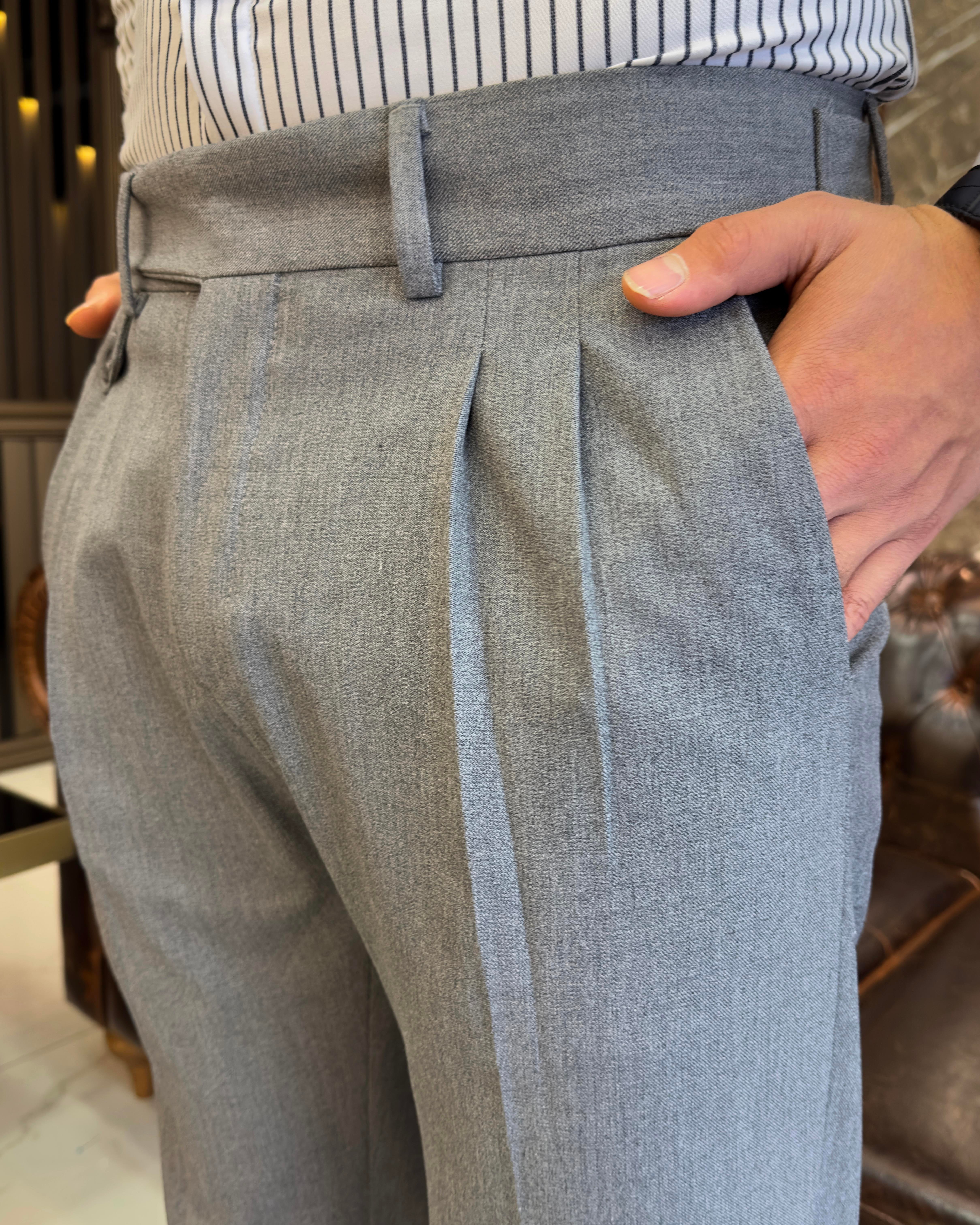 İtalyan stil slim fit erkek pileli kumaş pantolon Antrasit T8849