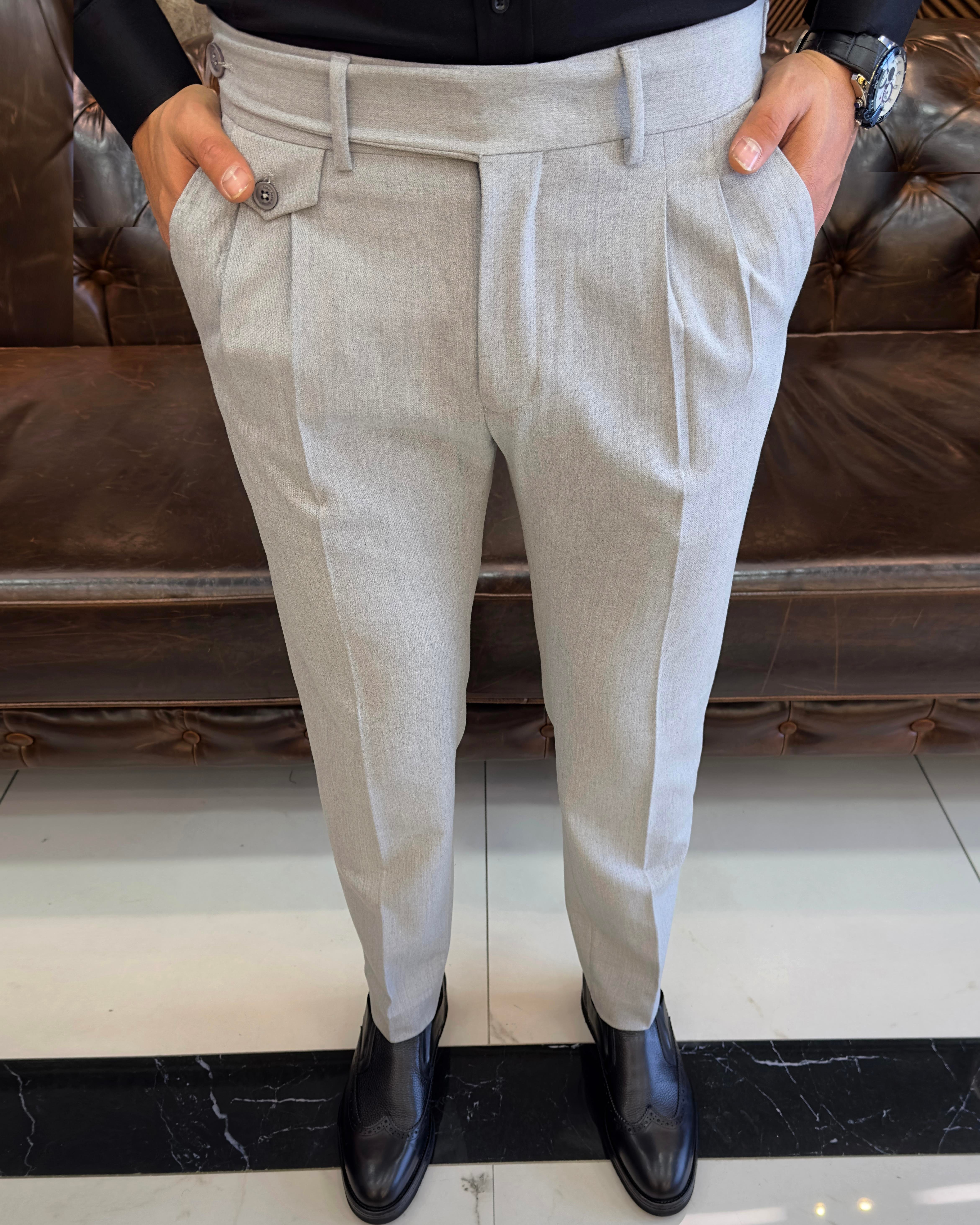 İtalyan stil slim fit erkek pileli kumaş pantolon Gri T5286