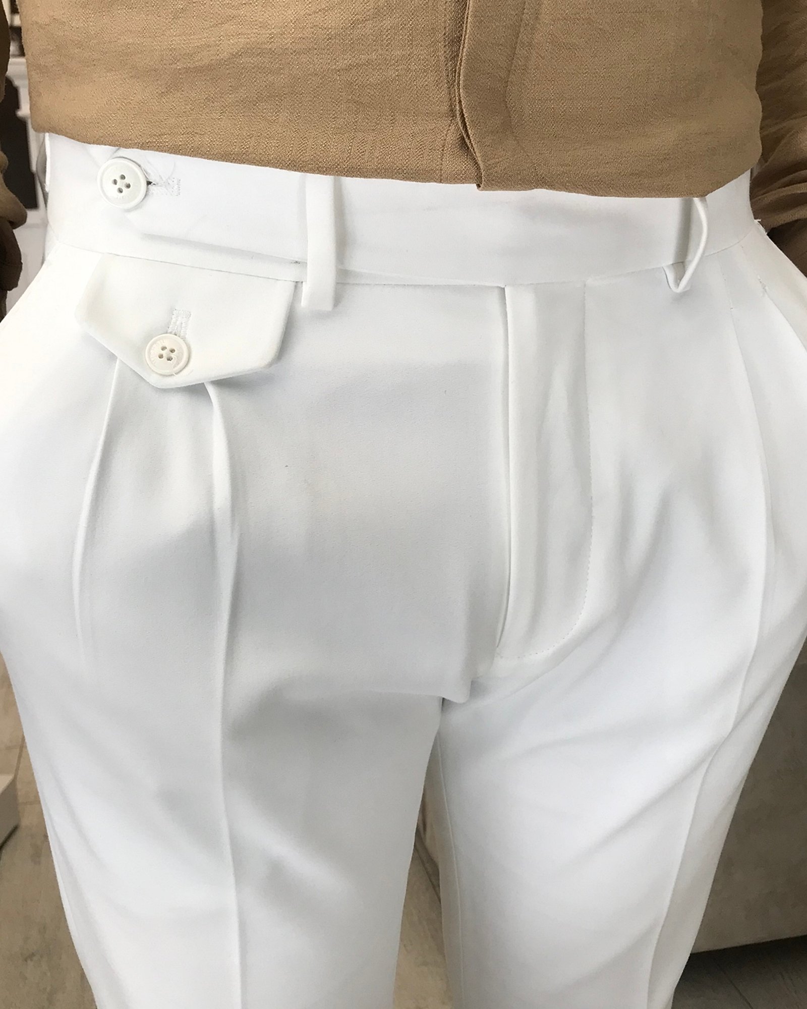 İtalyan stil slim fit erkek pileli kumaş pantolon Beyaz T5290