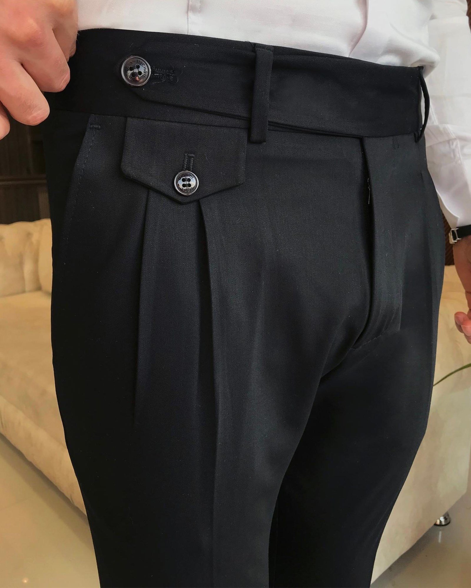 İtalyan stil slim fit erkek pileli kumaş pantolon Siyah T5287